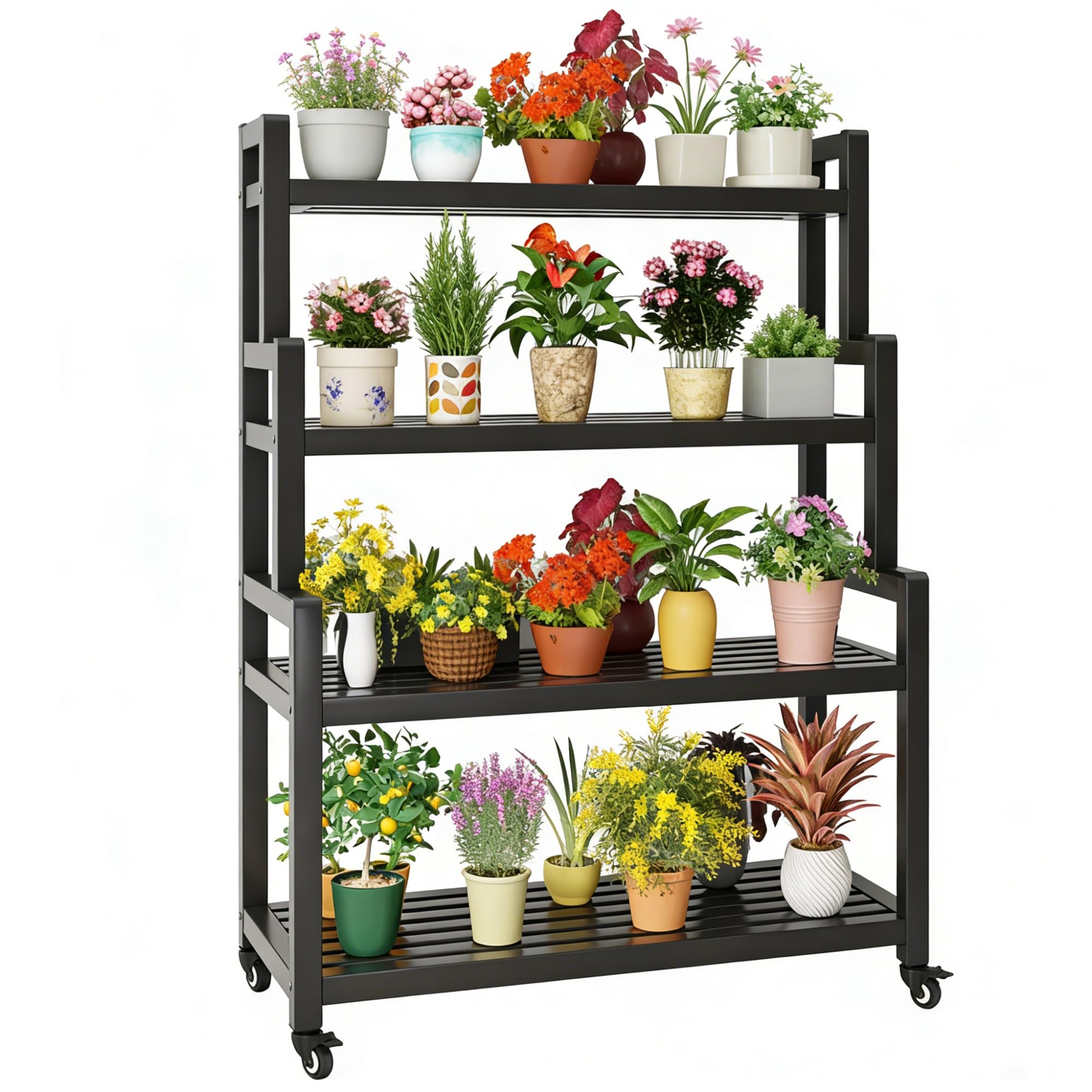 DMCHENGMA Indoor Outdoor Planter Display Shelving,4-tier Flower Holder with Wheels and Brakes Black Metal Wrought Iron Ladder Shape Plant Stand(100x40x145cm)