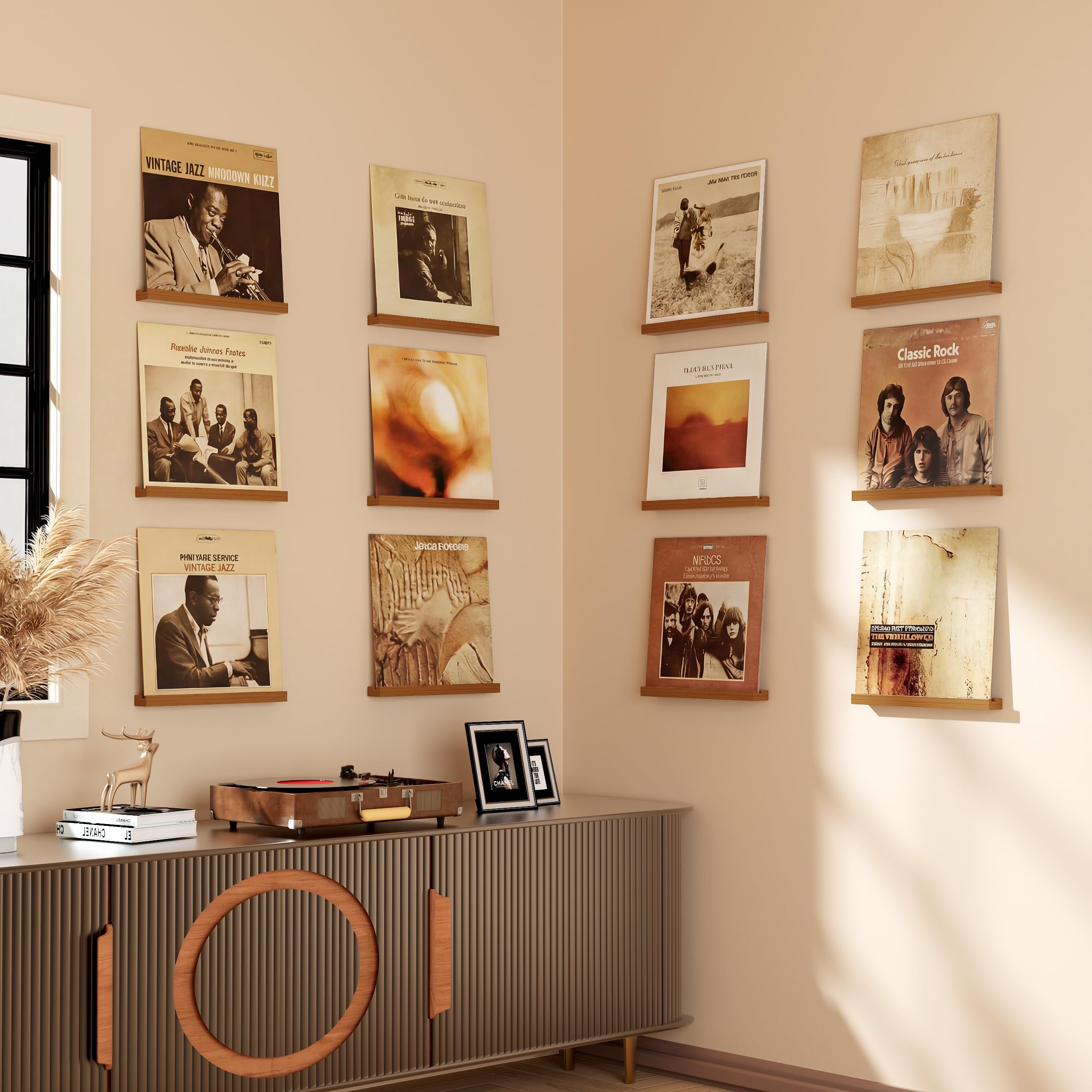 Paquete de 12 estantes de vinilo para montaje en pared, soporte de madera de 12 pulgadas, estantes de almacenamiento de discos de vinilo para álbum LP, exhibición de discos para sala de estar