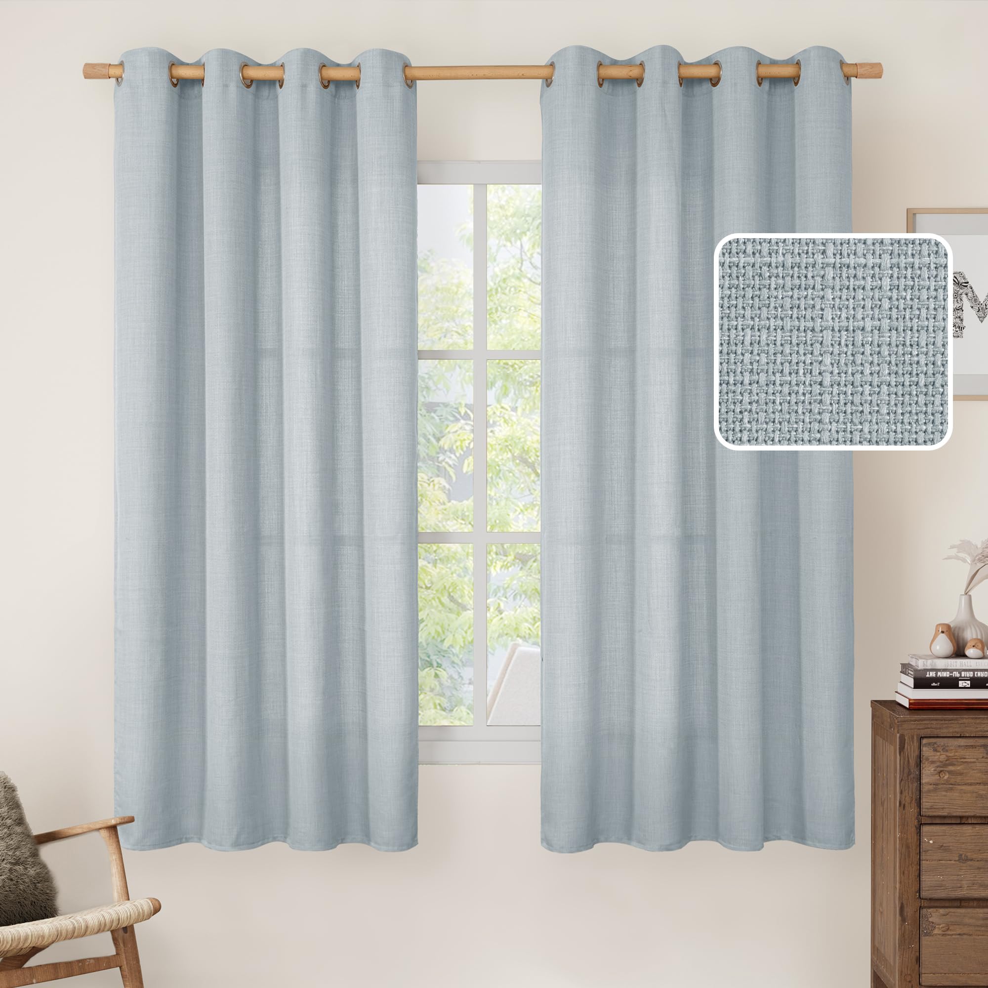 LAMIT 63 Inch Length Faux Linen Curtains for Bedroom 2 Panels, Haze Blue