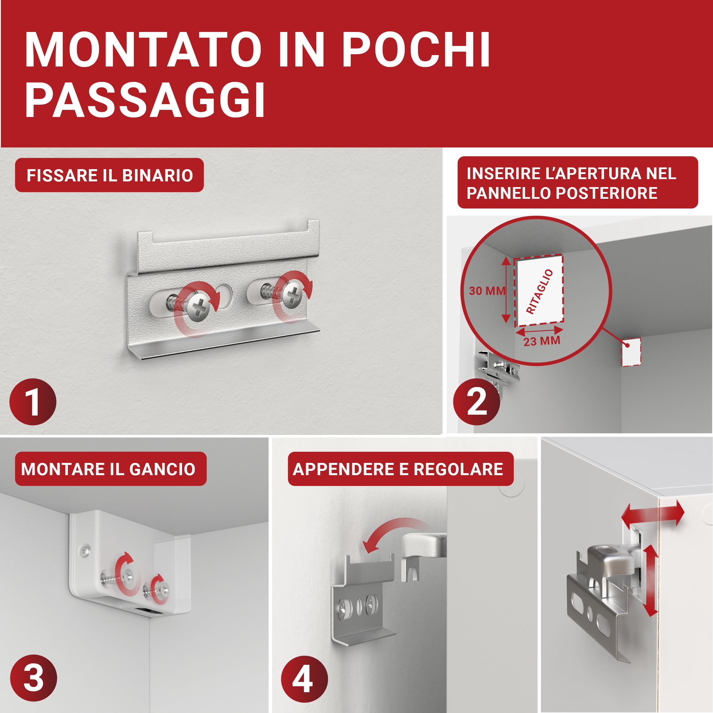 LouMaxx Set di ganci per armadio da cucina e pensili da cucina, con portata di 60 kg, con sistema di scaffali, guide da parete e materiale di montaggio – Made in EU