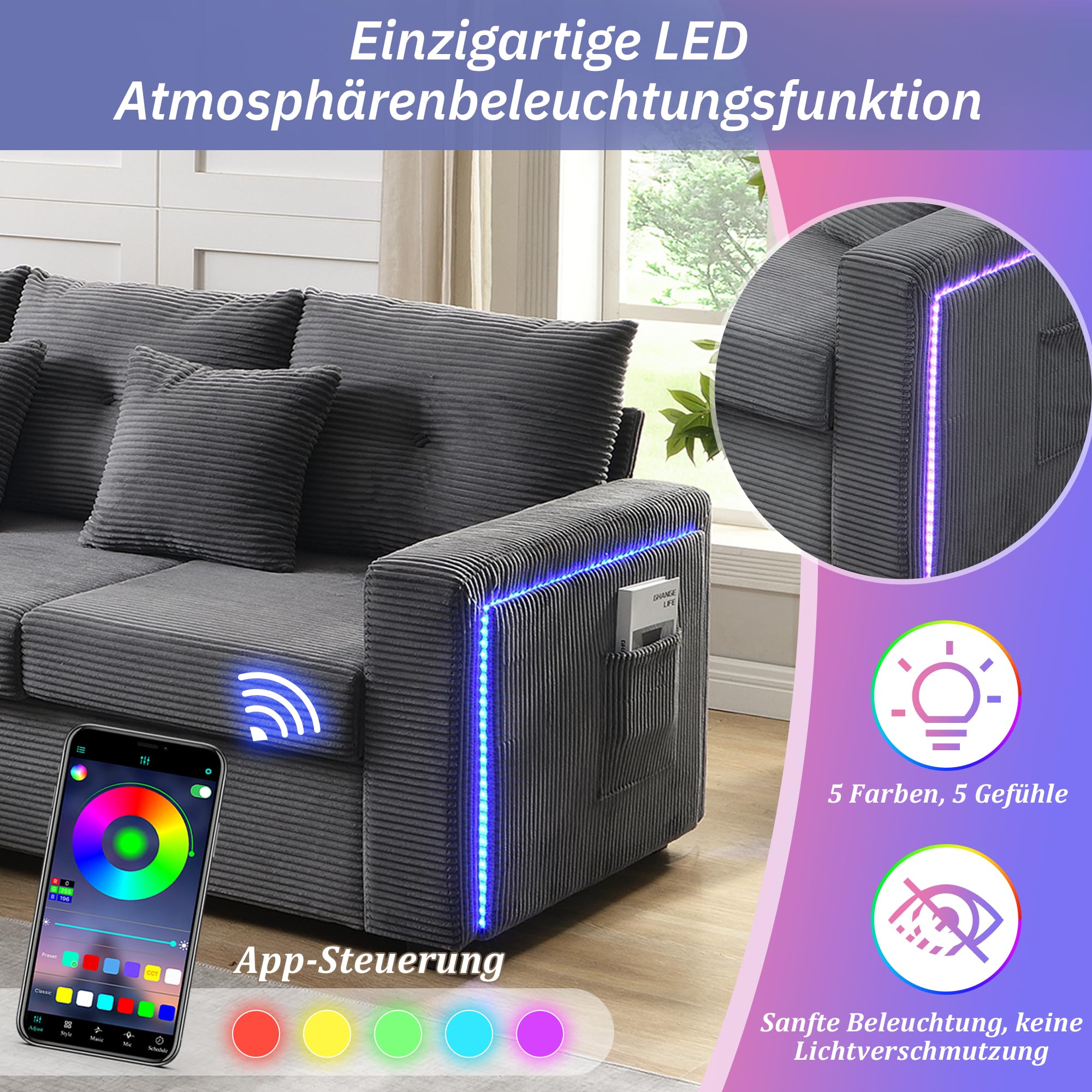 Divano angolare modulare a forma di L in tessuto a coste, divano con funzione letto, divano con illuminazione a LED, tasche laterali, sgabello regolabile e 2 cuscini, per soggiorno e camera da