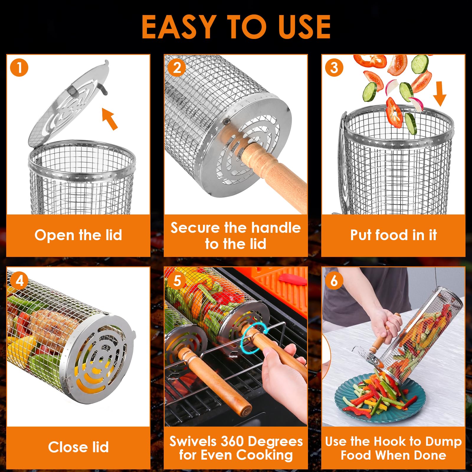 Grilloir en Acier Inoxydable 2 Pièces, Panier de Grillade Tournant Cylindrique avec Poignée en Bois Amovible - Accessoire BBQ pour Grill Extérieur, Camping - Légumes, Poisson, Viande, Fruits de Mer