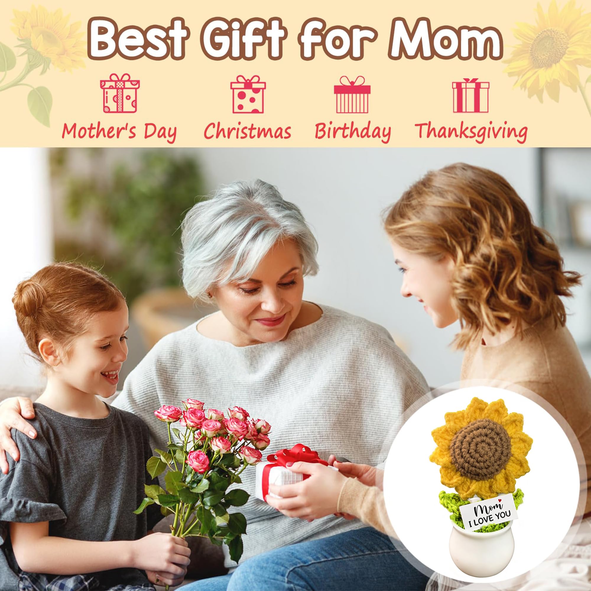 Regali per mamma, festa della mamma, compleanno, mamma, regalo da figlia, figlio, uncinetto, girasole, fiori artificiali