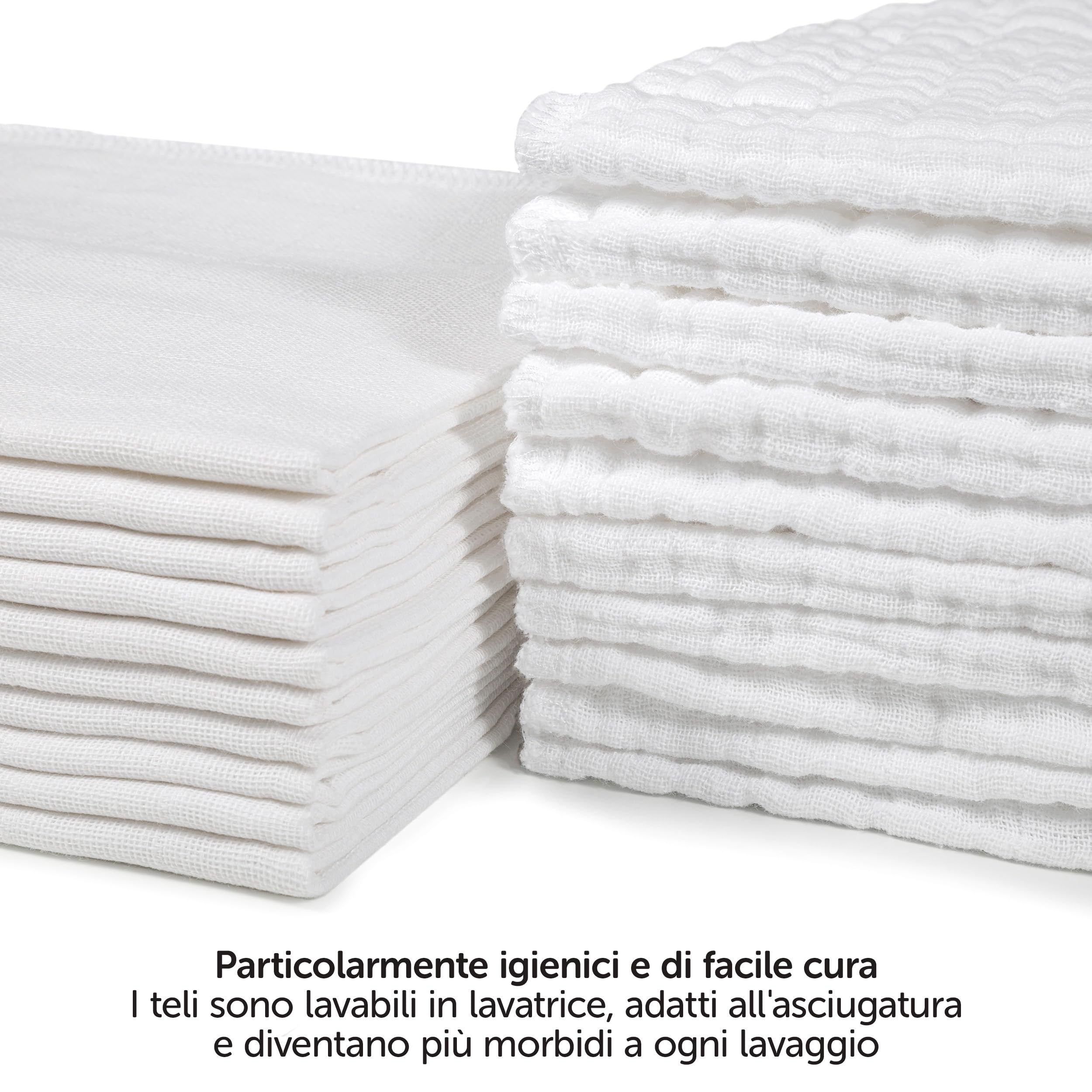 MAKIAN Mussole Neonato Cotone - Mussoline 35x50 cm, Testati Oeko-Tex Standard 100 - Conf. 10 Quadrotti Cotone Neonato Tessuto 4 Strati - Bianco