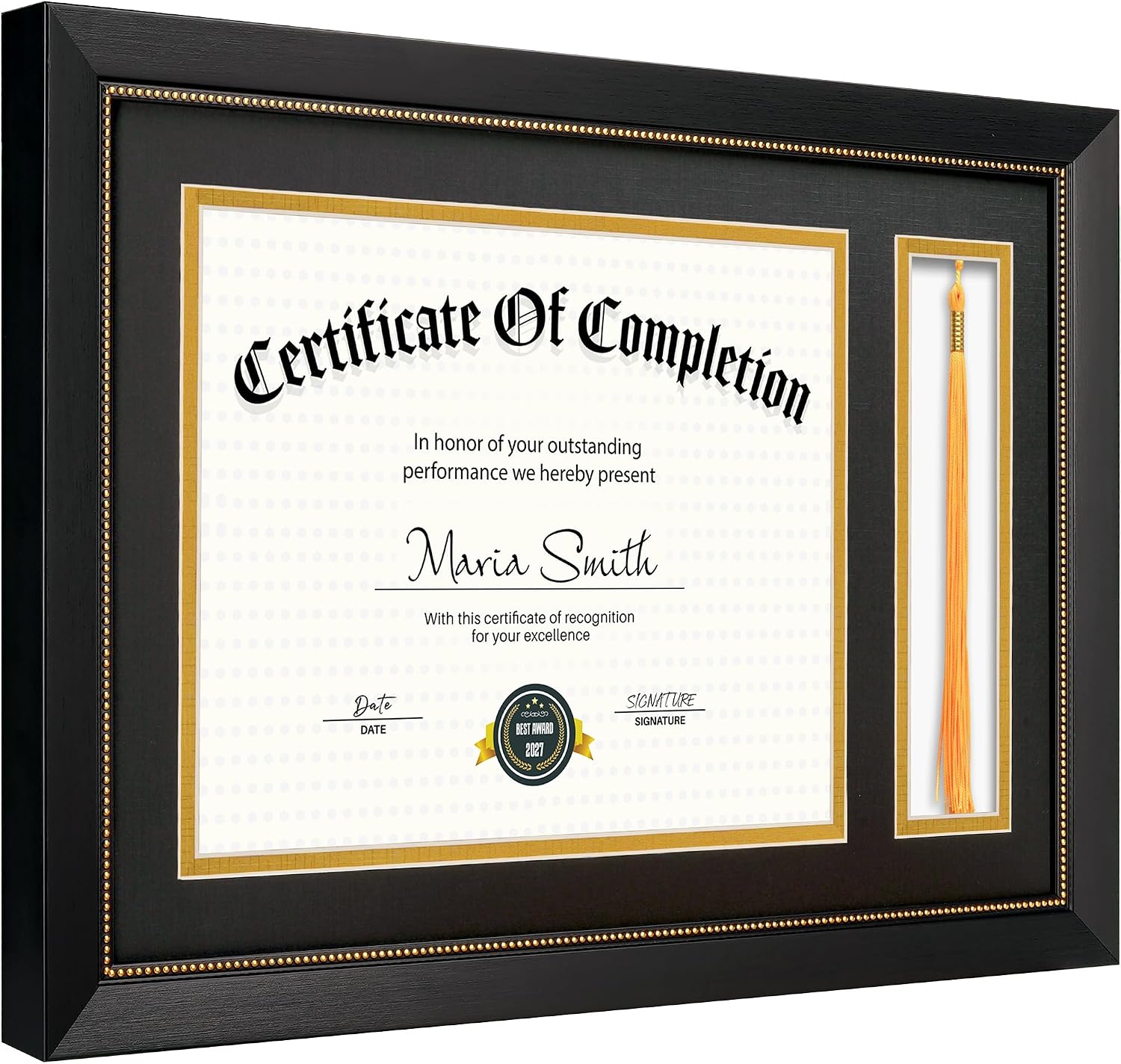 11x16.5 Diploma Frame with Tassel Holder for 8.5x11 Certificate Document, Black Diploma Frame with Real Glass, Black Over Gold Double Mats, Display 8.5x11 diploma and One Tassel