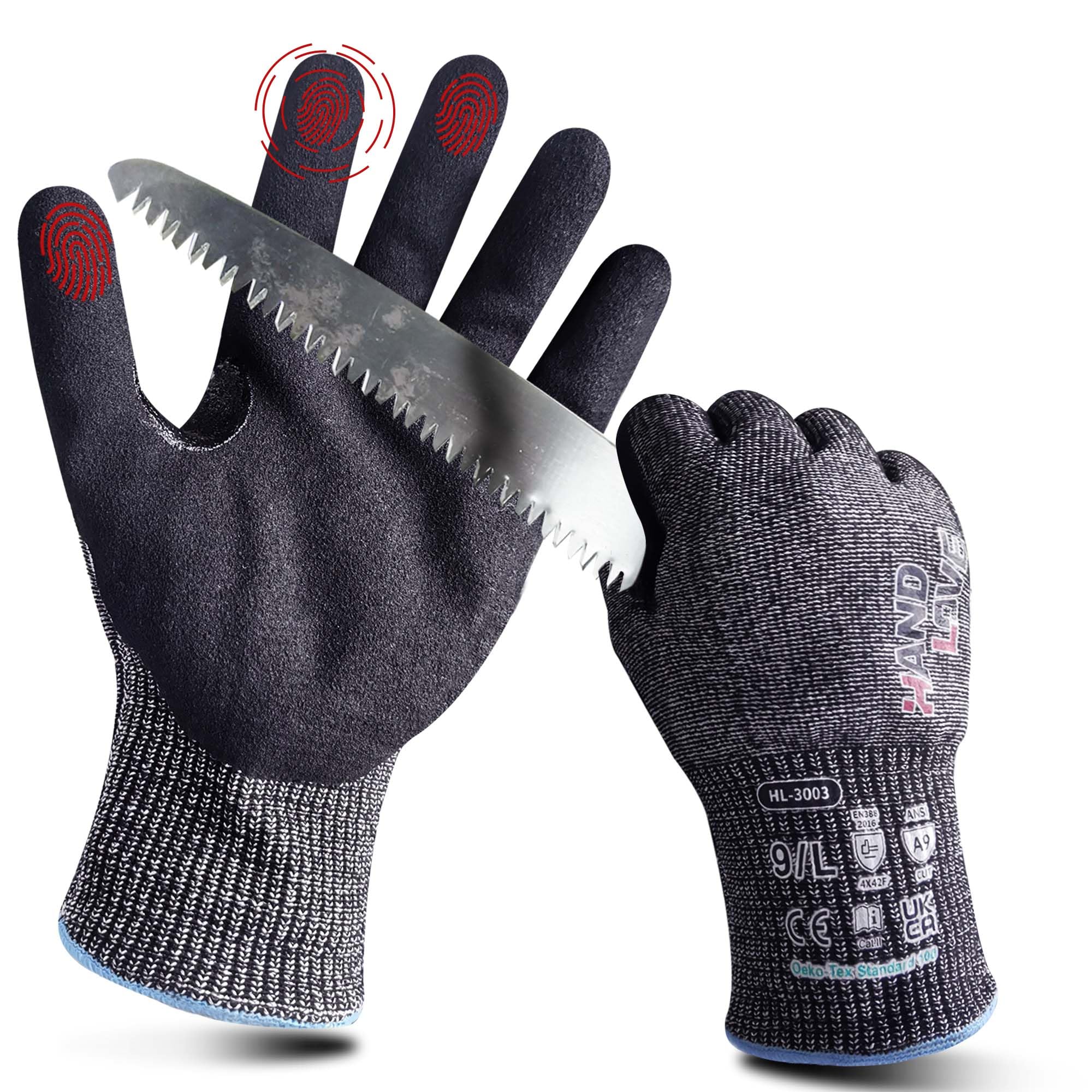 HandLove Highest Level Cut resistant gloves for Extreme Protection, ANSI A9 Cut Proof work gloves with sandy Nitrile Anti-Slip, Strengthened Metal- wire, Durable, Touchscreen friendly, 1 Pair, XL