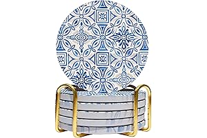 Handpainted Ceramic Coastal Coasters with Gold Holder