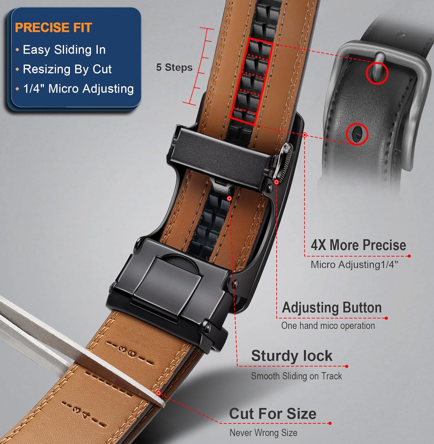 BULLIANT Men's Ratchet Belt 2 Pack-Click Leather Belt Adjustable for Men Gift 1 3/8-Cut for Perfect Fit - Image 3