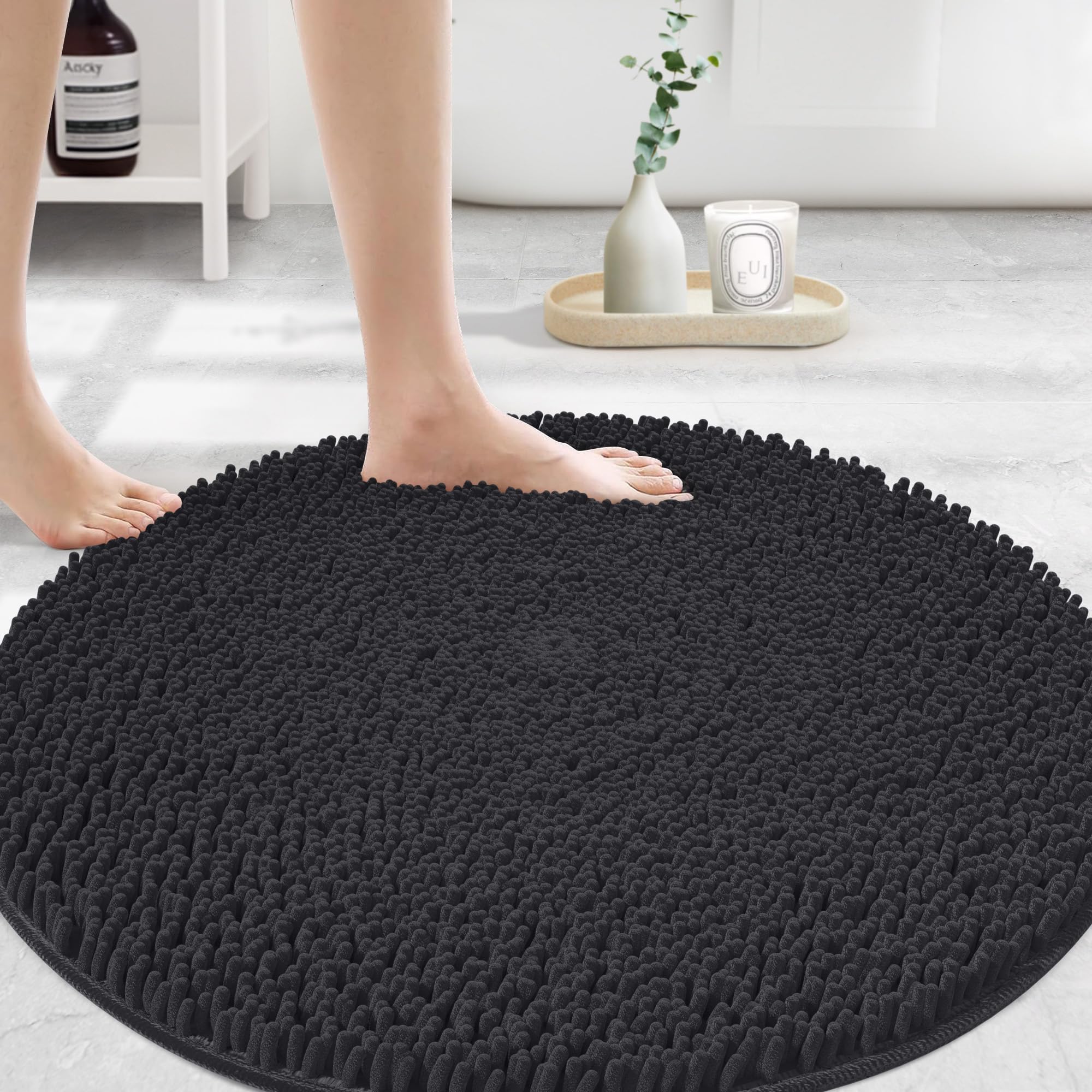Extra Large Round Area Rug Set for Bathroom 48"x48" Soft Plush Chenille Bath Mat, Water Absorbent Non-Slip Bathroom Rug | Washable Shag Carpet for Shower, Bedroom, or Home Décor | Black