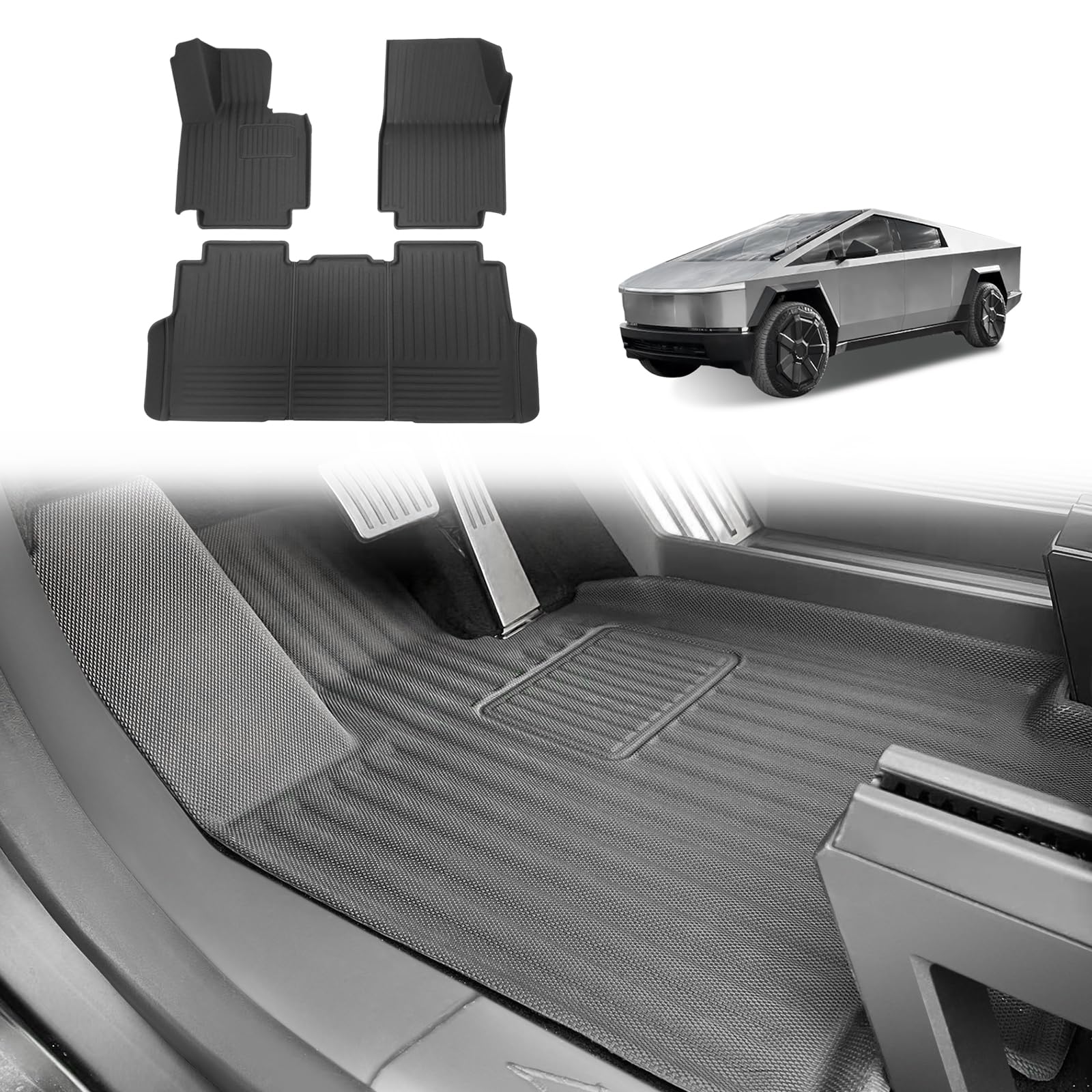BestEvMod All Weather XPE Floor Mats Compatible with Tesla Cybertruck 2025 2024 Accessories Pickup Heavyweight Anti-Slip 3D Pattern Waterproof Protect Floor Liner 1st & 2nd Rows Set (XPE-Floor Mats)