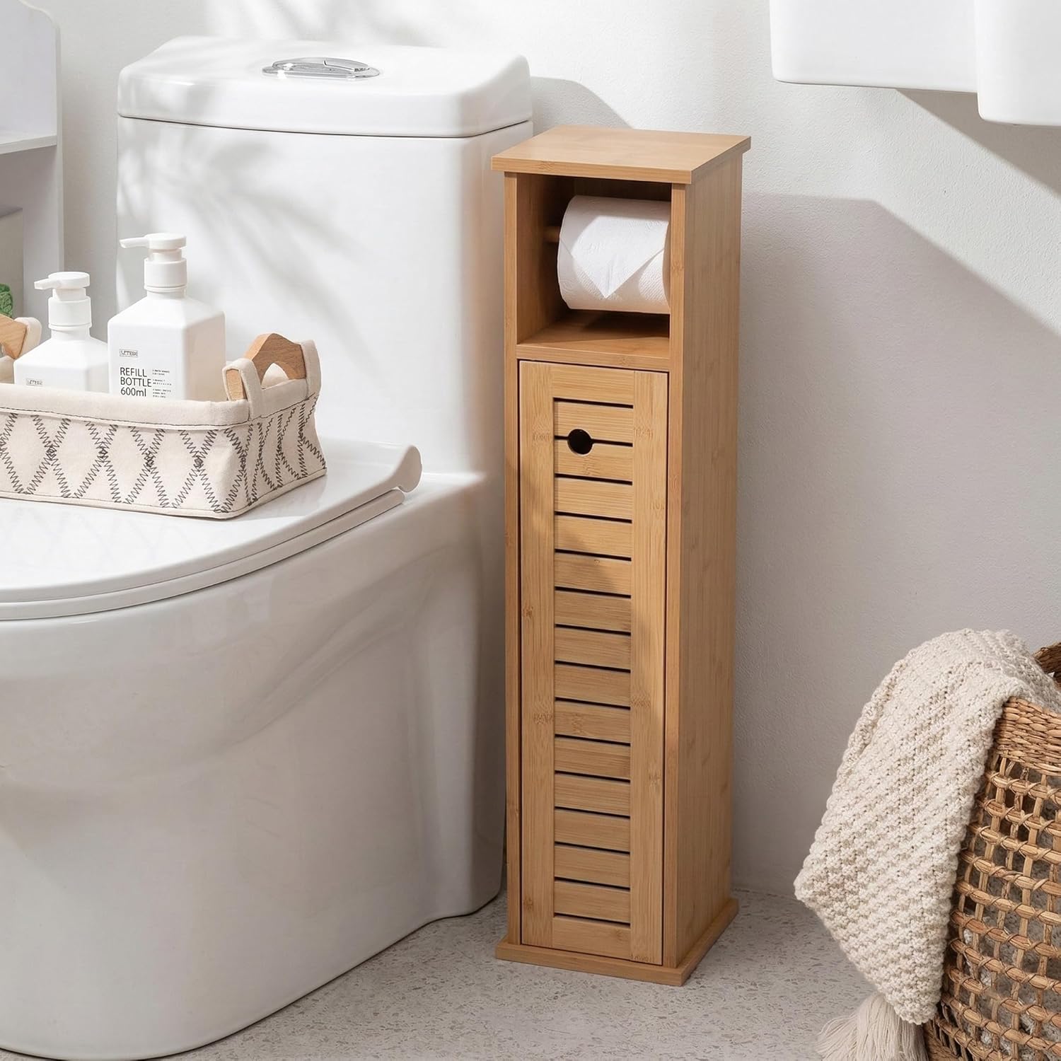 Compact Toilet Paper Storage Cabinet with Dispenser, Holds Up to 6 Rolls, Natural - Trinidad Collection