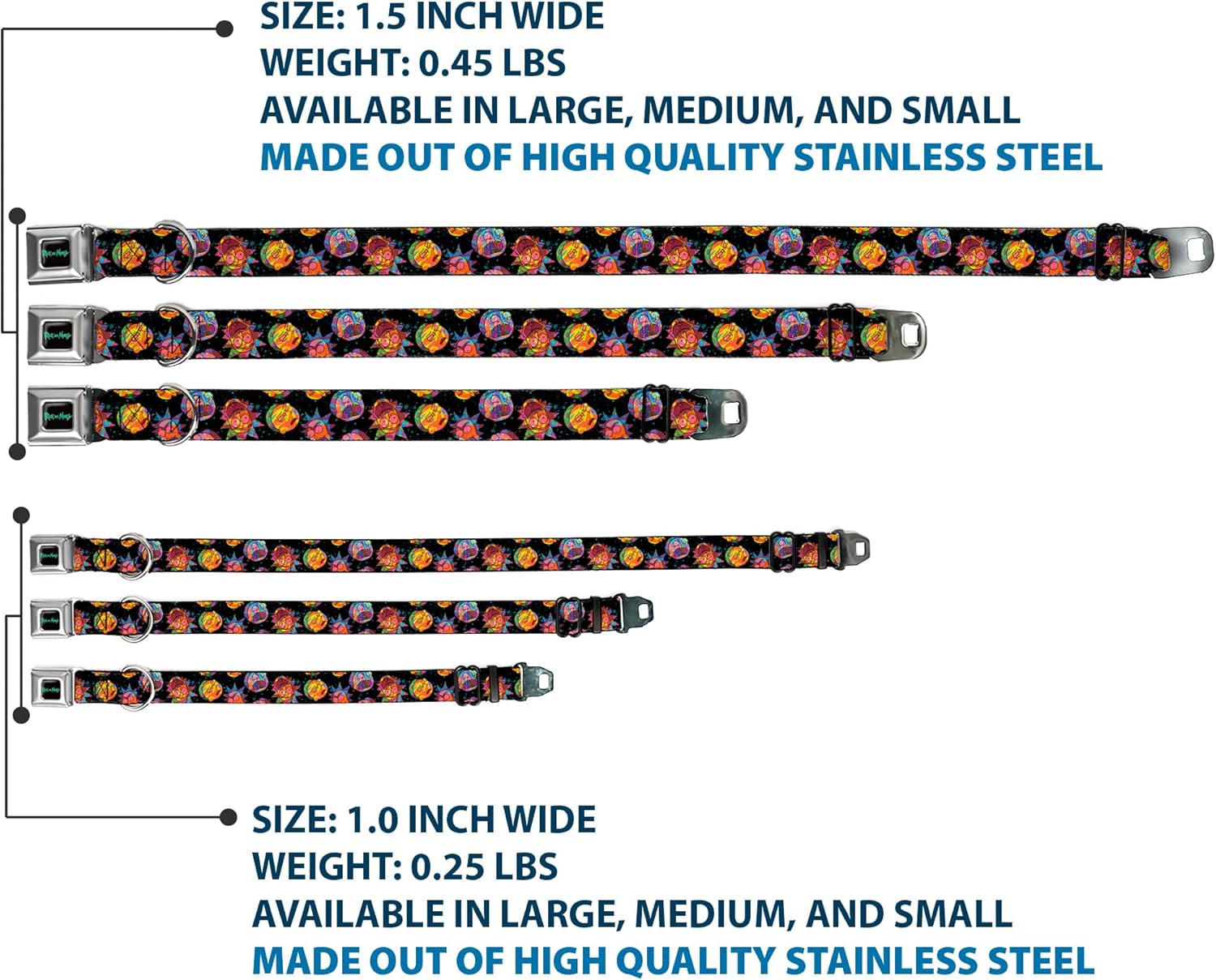 Rick and Morty Pet Collar, Dog Collar Metal Seatbelt Buckle, Rick and Morty Vaporwave Expressions Scattered Multi Color, 20 to 31 Inches 1.5 Inch Wide