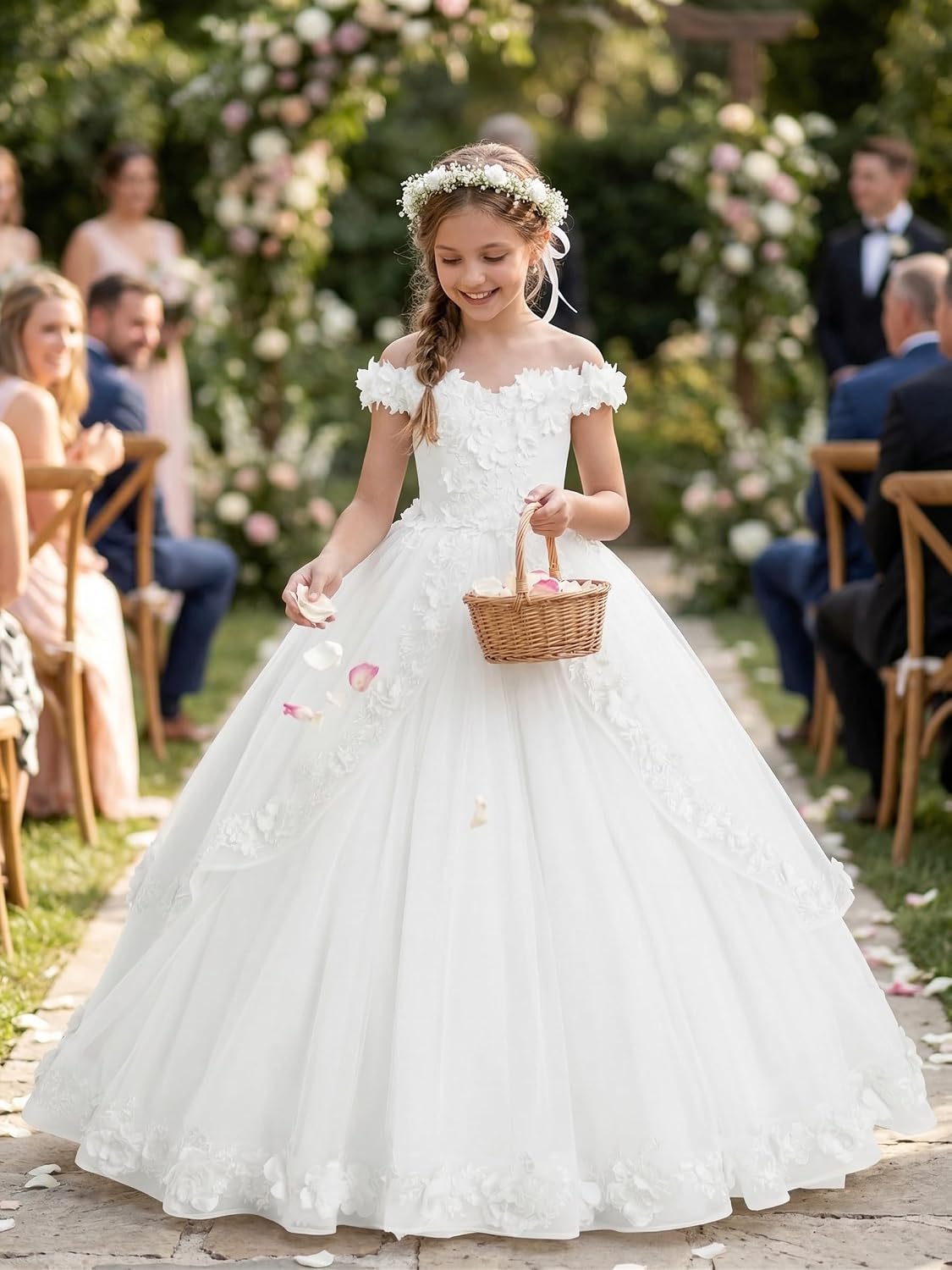 Tiered Tulle Flower Girl Dresses for Wedding Off Shoulder Princess Pageant Dresses First Communion Dress