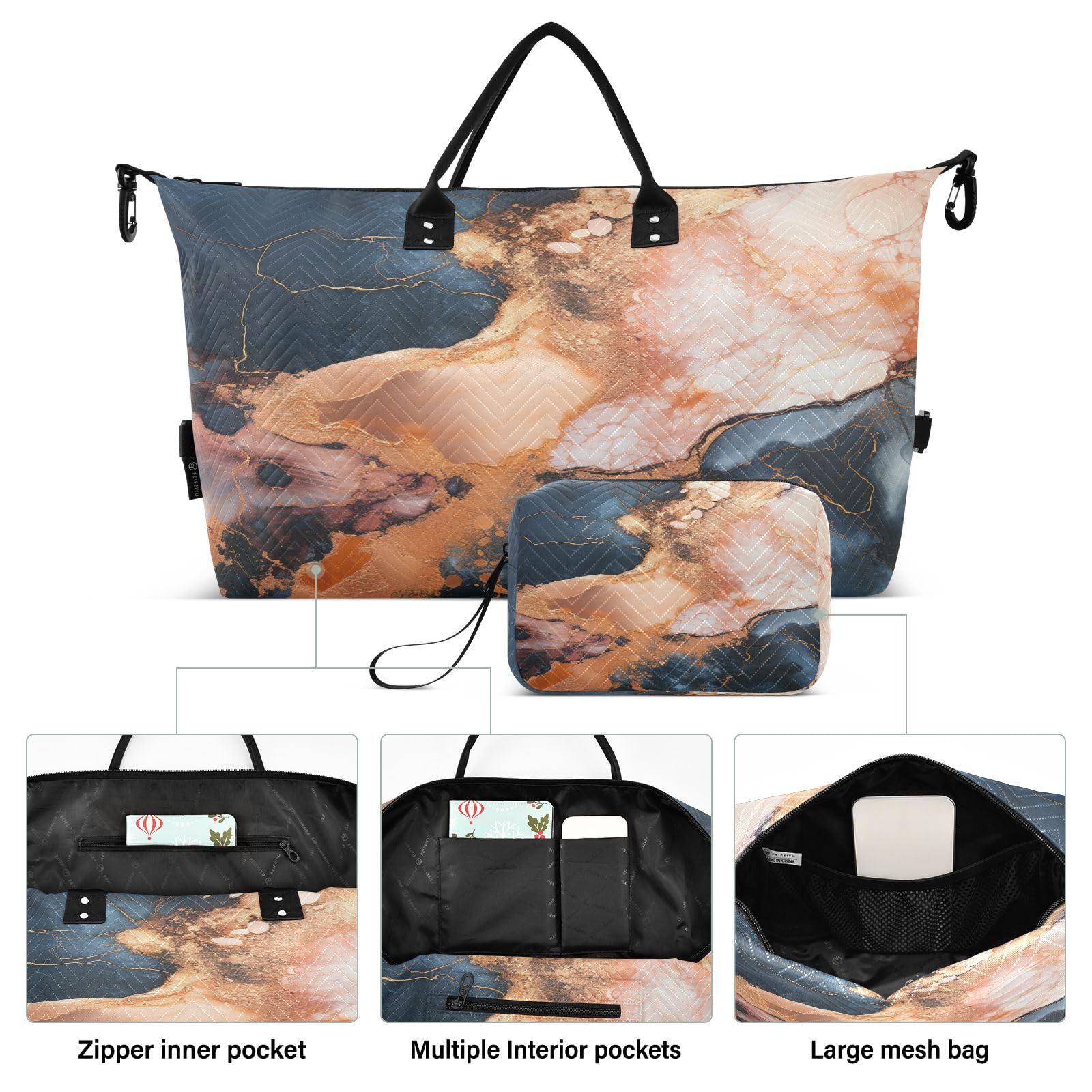 Rose Gold Marble Sports Swim Gym Bag Weekender Duffel Travel Bags Handbag with Makeup Storage Bag for Girls Men