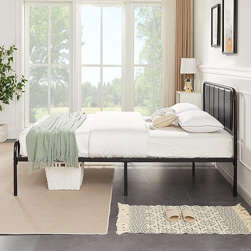 Miniatura 4 de VECELO Base de cama de plataforma Queen con cabecero de madera, soporte de listones de acero resistente, relleno de colchón, no necesita somier Gris