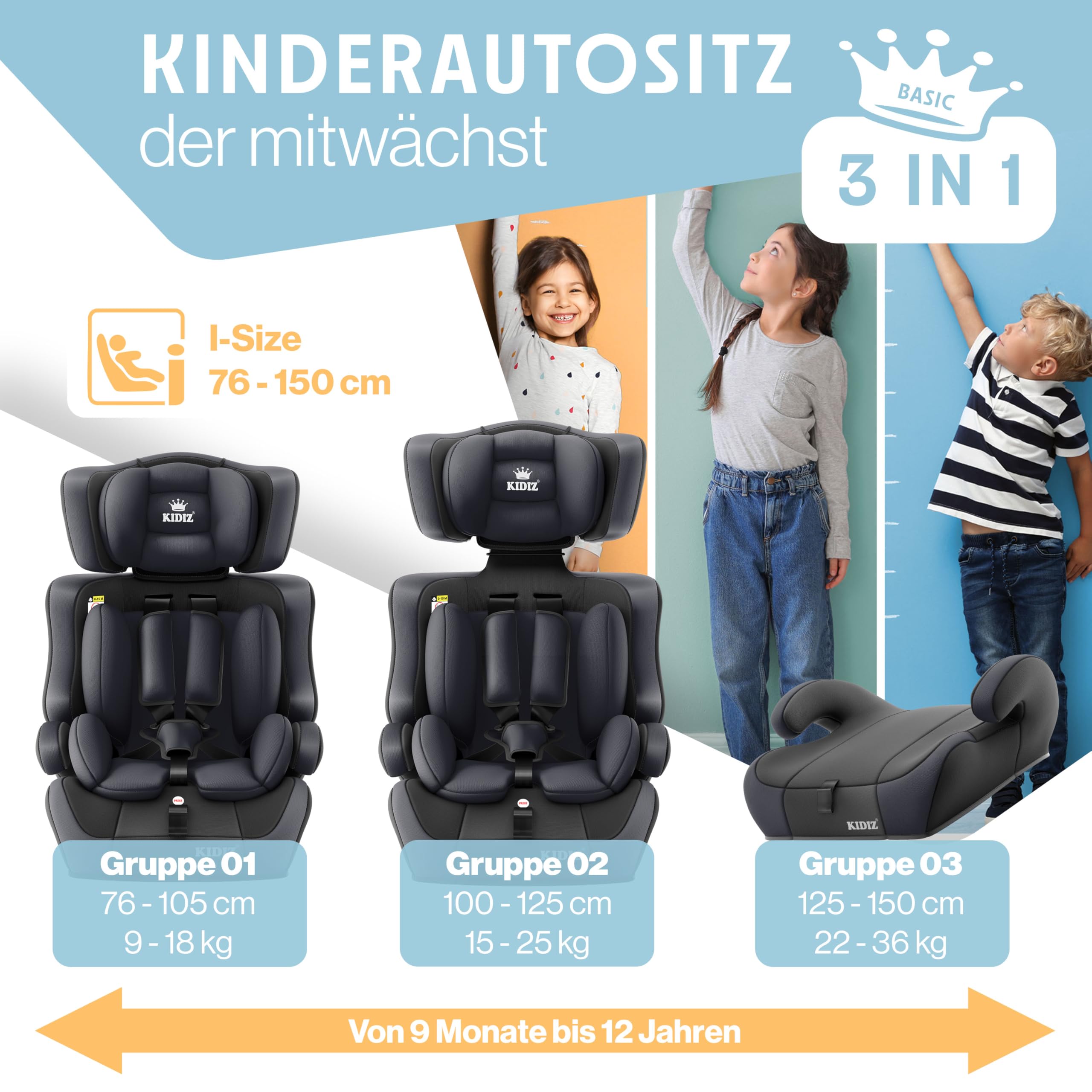 KIDIZ Asiento infantil para coche, grupo 1+2+3, 9-36 kg, cinturón de seguridad de 5 puntos, asiento de coche, reposacabezas ajustable (antracita, asiento para niños)