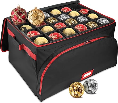 Vista 14 de Caja de almacenamiento premium para adornos navideños – Con capacidad para hasta 72 adornos de 3 pulgadas + 8 ranuras laterales para figuritas y Rojo