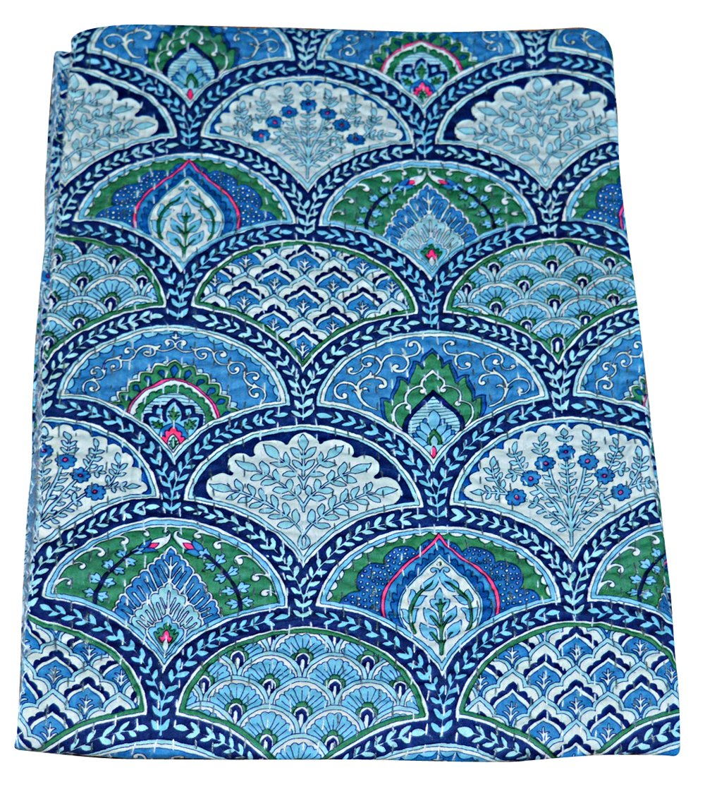 YUVANCRAFTS Indian Handmade Traditional Kantha Quilt Screen Print Cotton Twin Size Quilt Blanket Bedspreads Throw (Ranbo Print)