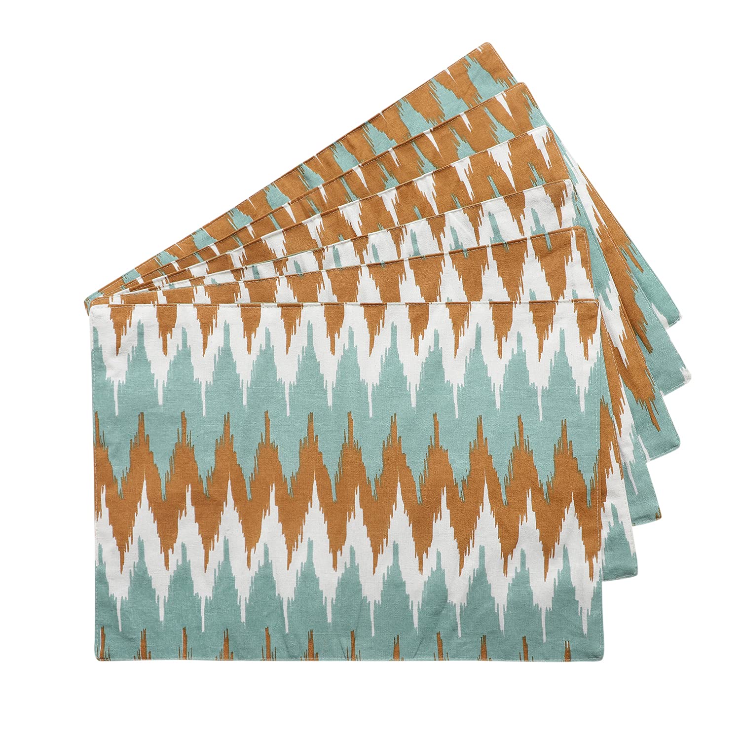 Dekor World 6 Piece Cotton Ternion Printed Aqua Brown Place Mat for Dinning and Center Table (33x47 cm or 13x19 Inch)