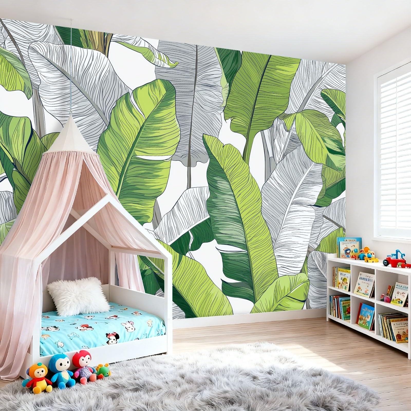 Fototapeta 300 x 210 cm ściany dekoracja salonu tropikalny design do sypialni salonu tapeta z włókniny, ręcznie rysowane zielone liście bananowe liście