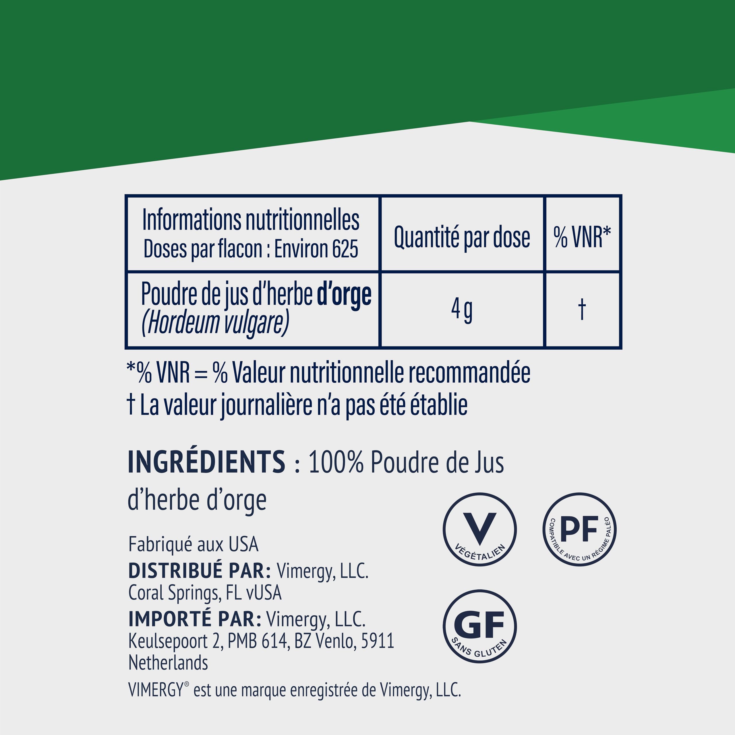VIMERGY Poudre de Jus d'Herbe d'Orge Bio, 250 g, Végan