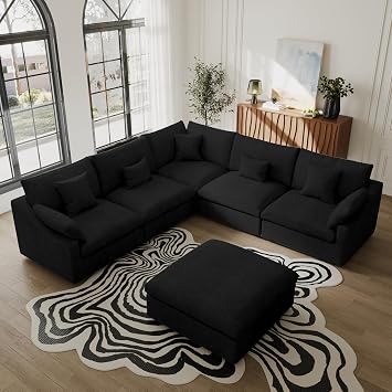 119.29" U-Shaped Sectional Couches for Living Room, Cloud Couch Deep Seat, Modular Sectional Sofa with Chaise, Oversized 5 Seaters Sofas Furniture for Living Room, Apartment, Black
