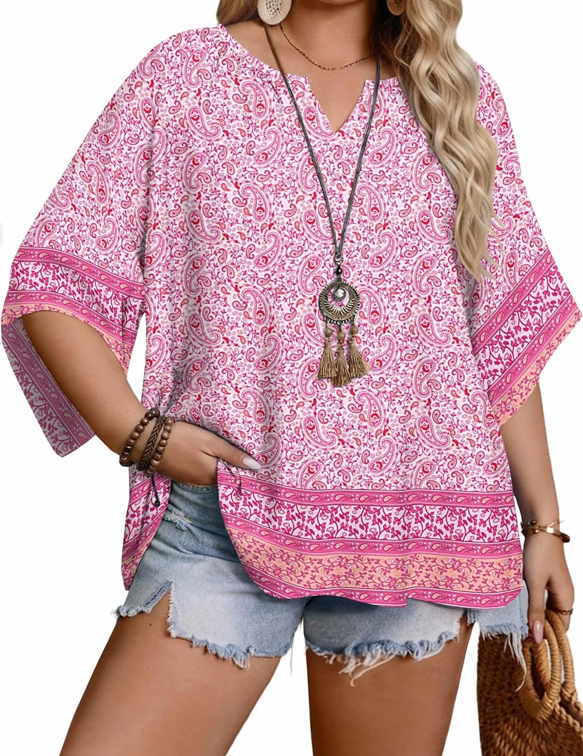 IN'VOLAND Plus Size 3/4 Sleeve Womens Blouse Boho Tops Summer V Neck Casual Loose Fit Tunic Beach Vacation Outfits 1X-5X