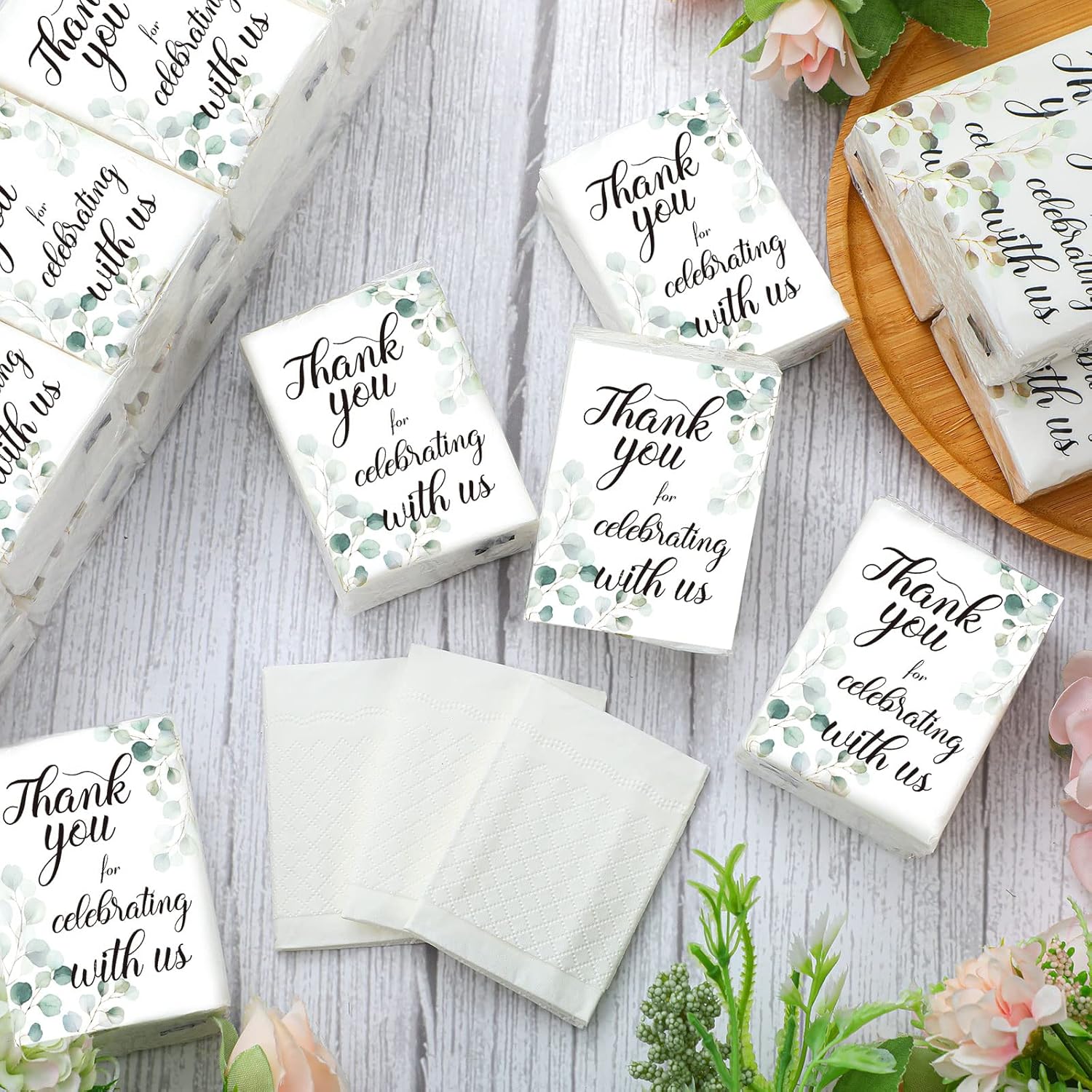 Sinmoe 100 Pack Wedding Facial Tissues Mini Pocket Tissues Travel Size 3 Ply Wedding Favors for Guests Facial Napkins for Bride Shower Thank You for Celebrating with Us Party Favors