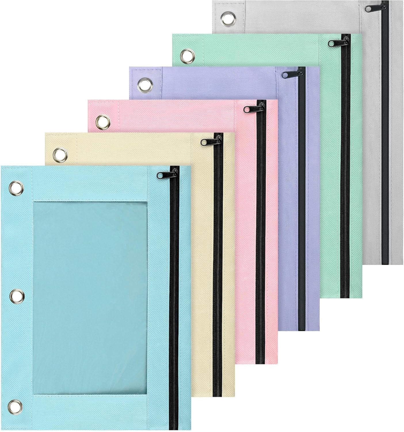 Lanpn Pencil Pouch for 3 Ring Binder 6 Pack, Pastel Binder Pen Bags with Zipper, Aesthetic 3 Holes Pencil Pouches Organizer for Boy Girl Kids School Student, Reinforced Grommets & Clear Window