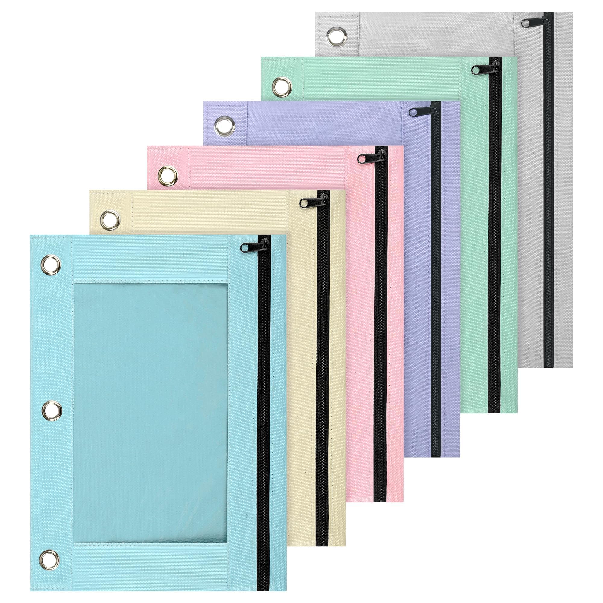 Lanpn Pencil Pouch for 3 Ring Binder 6 Pack, Pastel Binder Pen Bags with Zipper, Aesthetic 3 Holes Pencil Pouches Organizer for Boy Girl Kids School Student, Reinforced Grommets &amp; Clear Window