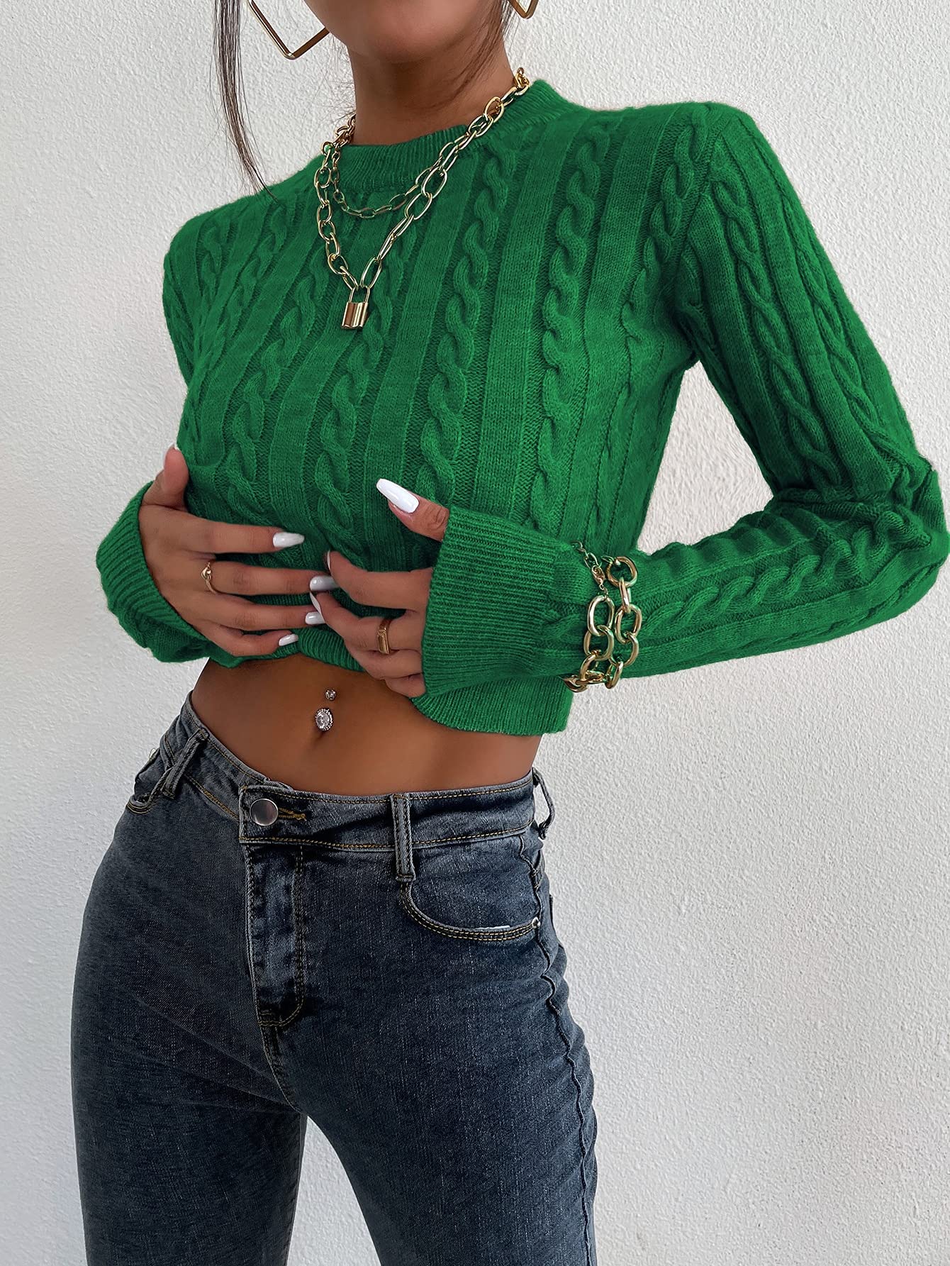 Pull Cable Knit Crop d'exception pour femme, tricot vert haut de gamme L