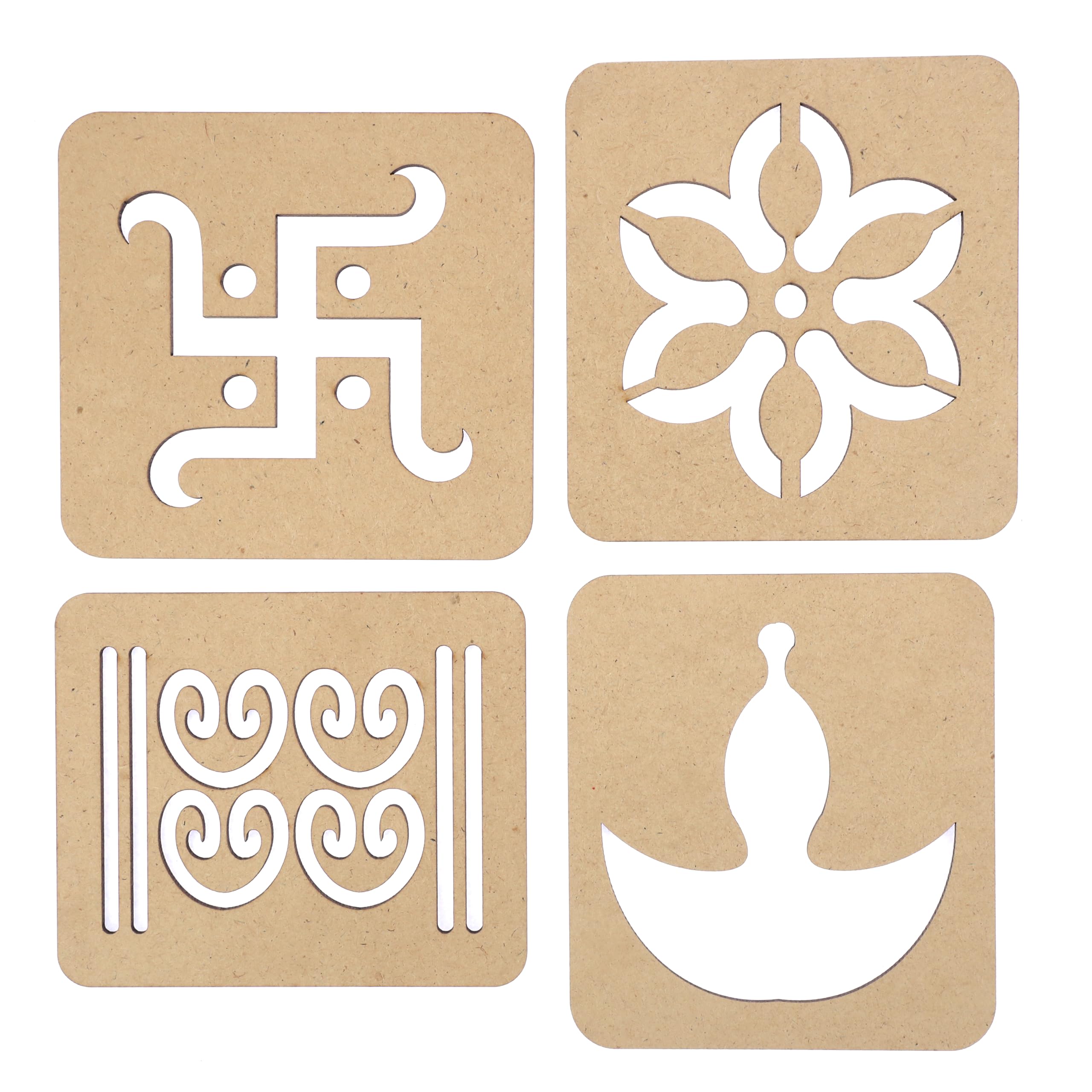 DIY MDF Readymade Set of 4 Swastik Design Easy to Use Rangoli Template Easy to Fill Wooden Rangoli Boards for Indian Traditional Festival of Lights Diwali Decorations (Size:- 3.5 Inches Each.)(Brown)