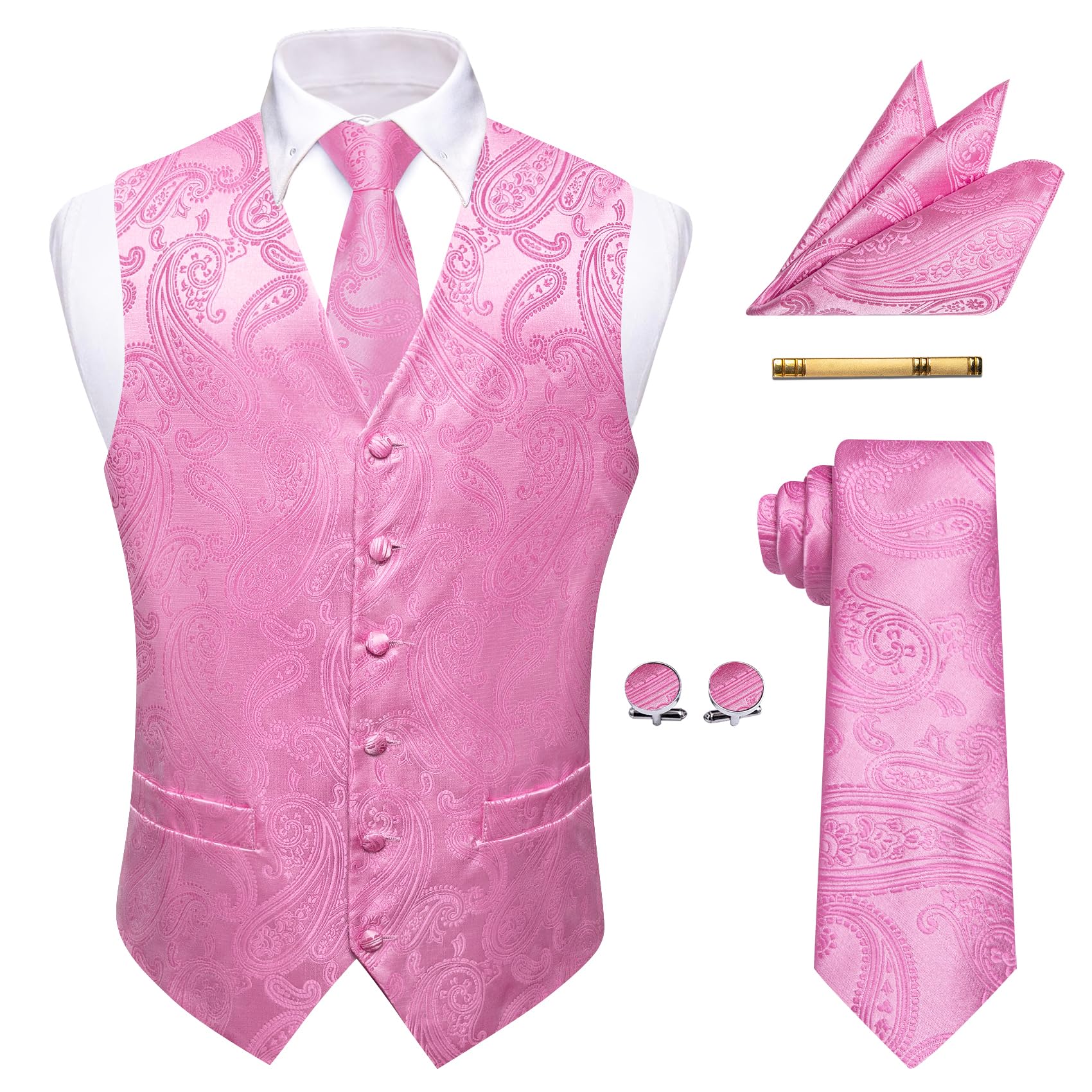 YourTies Mens Victorian Vest Tie Set Silk Paisley Suit Vests Formal Waistcoat Gothic Steampunk Vest with Notched Lapels, Pink a, Large