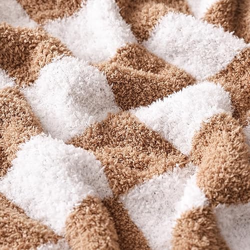 Miniatura 6 de Manta a cuadros súper suave, manta de felpa ligera de vellón para sofá y sofá, manta reversible de lujo mullida de punto a cuadros, color camel, 50