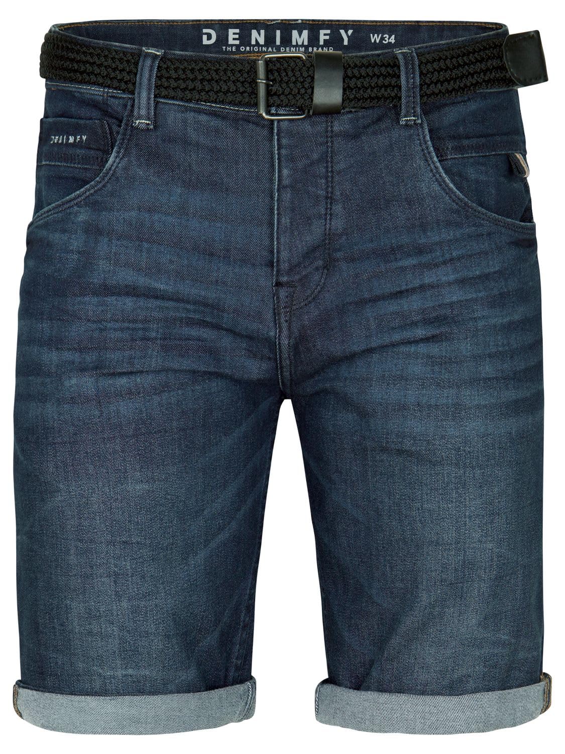 DENIMFY Pantalones cortos vaqueros para hombre, elásticos, cortos con cinturón, corte regular, pantalones cortos DFBo, pantalones cortos de verano, color azul y negro, 31, 32, 33, 34, 36, 38, 40, 42