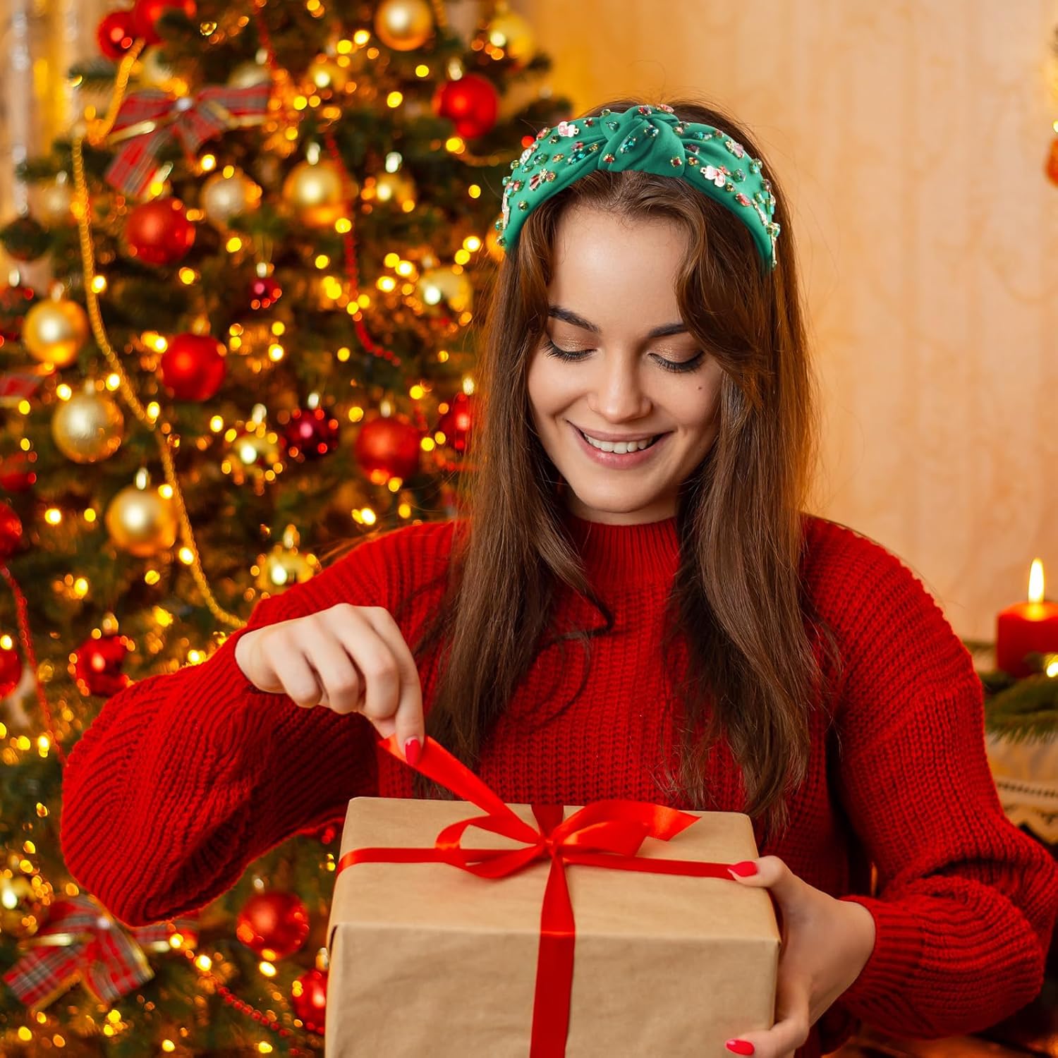 Christmas Headband for Women - Rhinestone Beaded Knotted Crystal Jeweled Tree Wide Reindeer Hair Accessories Gifts (Christmas Green) - Image 6