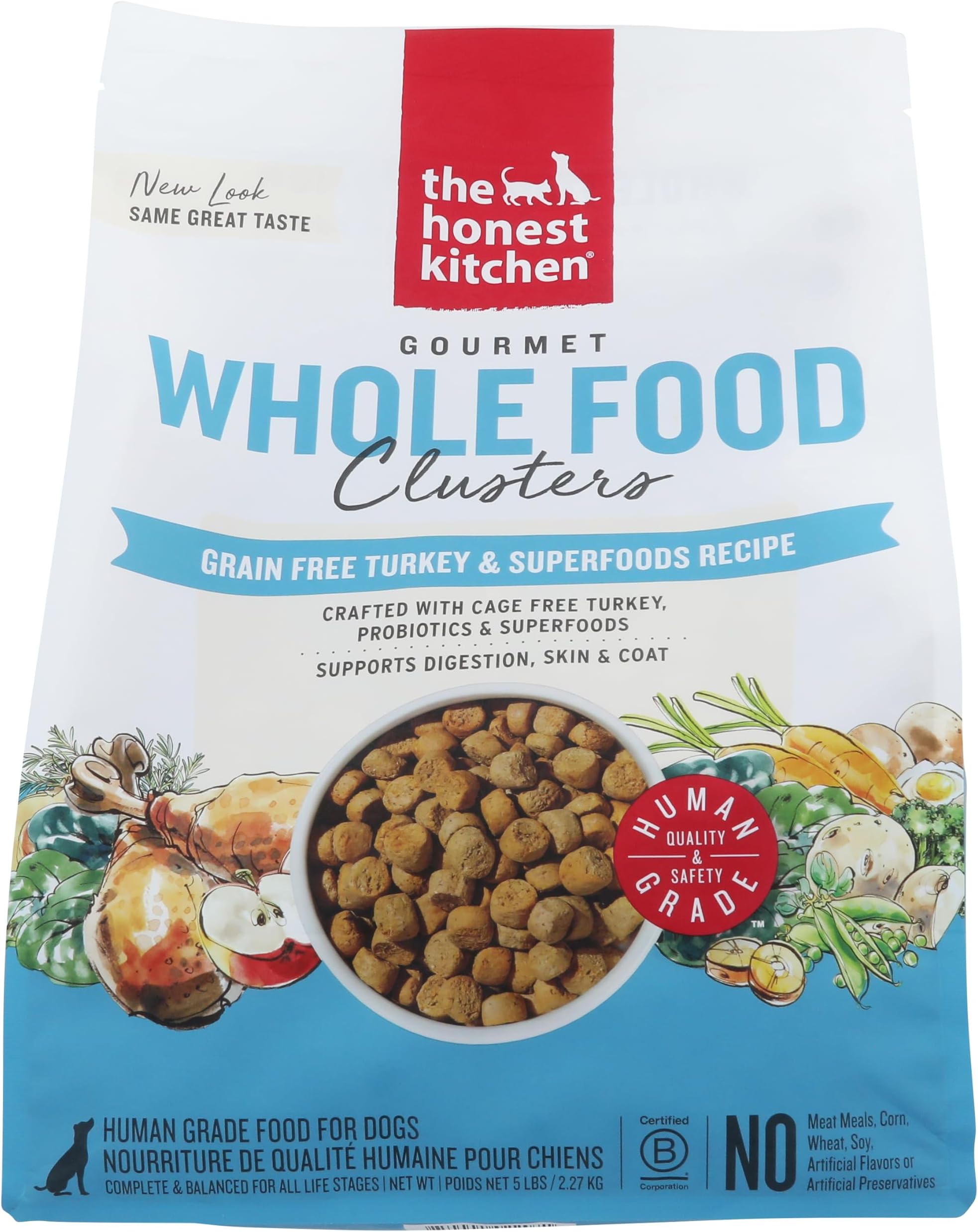 The Honest Kitchen Grain Free Turkey & Superfoods Whole Food Clusters, Human Grade Dry Dog Food, Vet-Crafted Nutritional Support for Skin, Coat, Digestion & Overall Wellness, 5 lb Bag