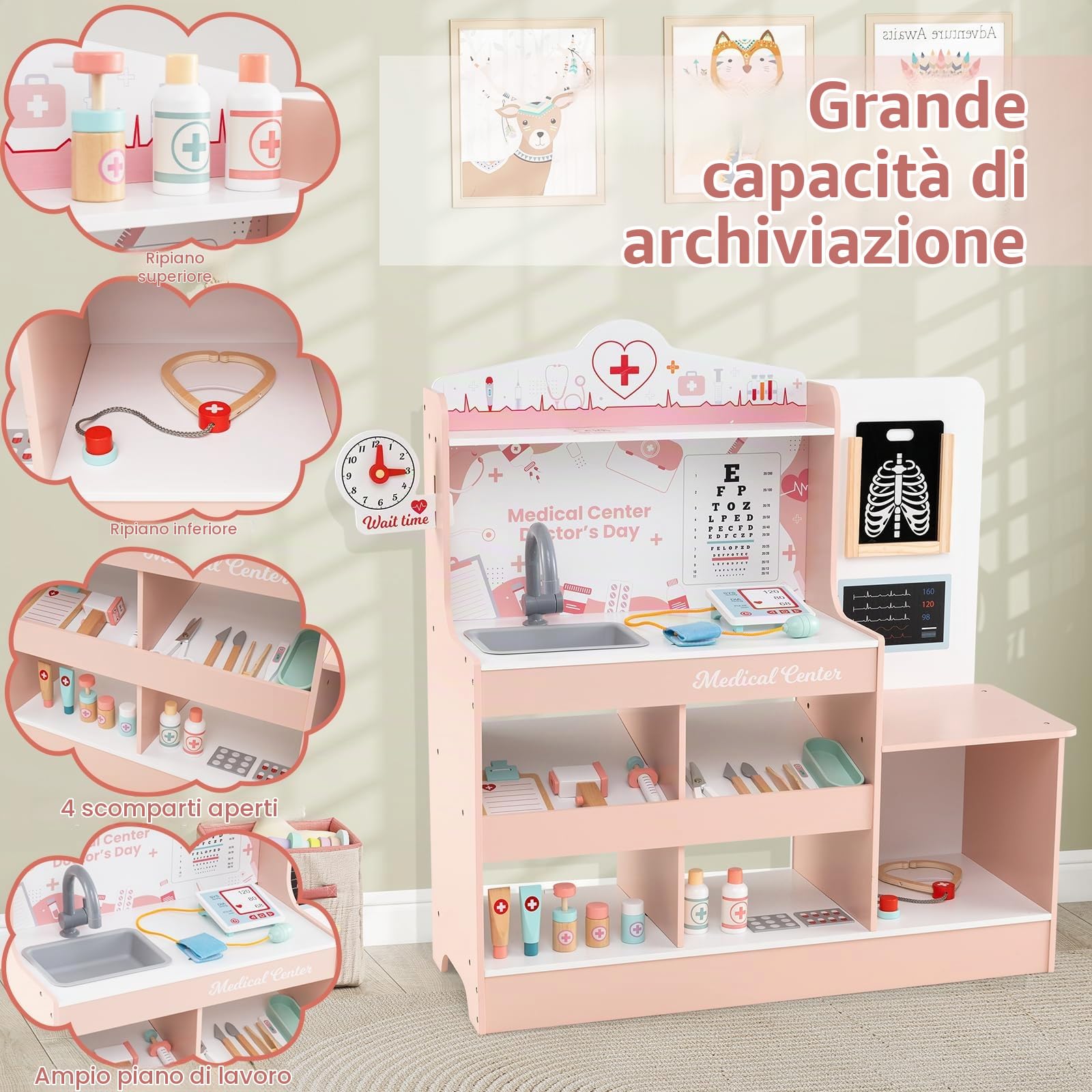 HOMASIS Kit Dottore Bambino in Legno, Kit Medico Bambini con Lavabo, Esame della Vista, Elettrocardiogramma, Orologio e Radiografia, Gioco Infermiere per Simulazione per Bambini da 3+ Anni (Rosa)