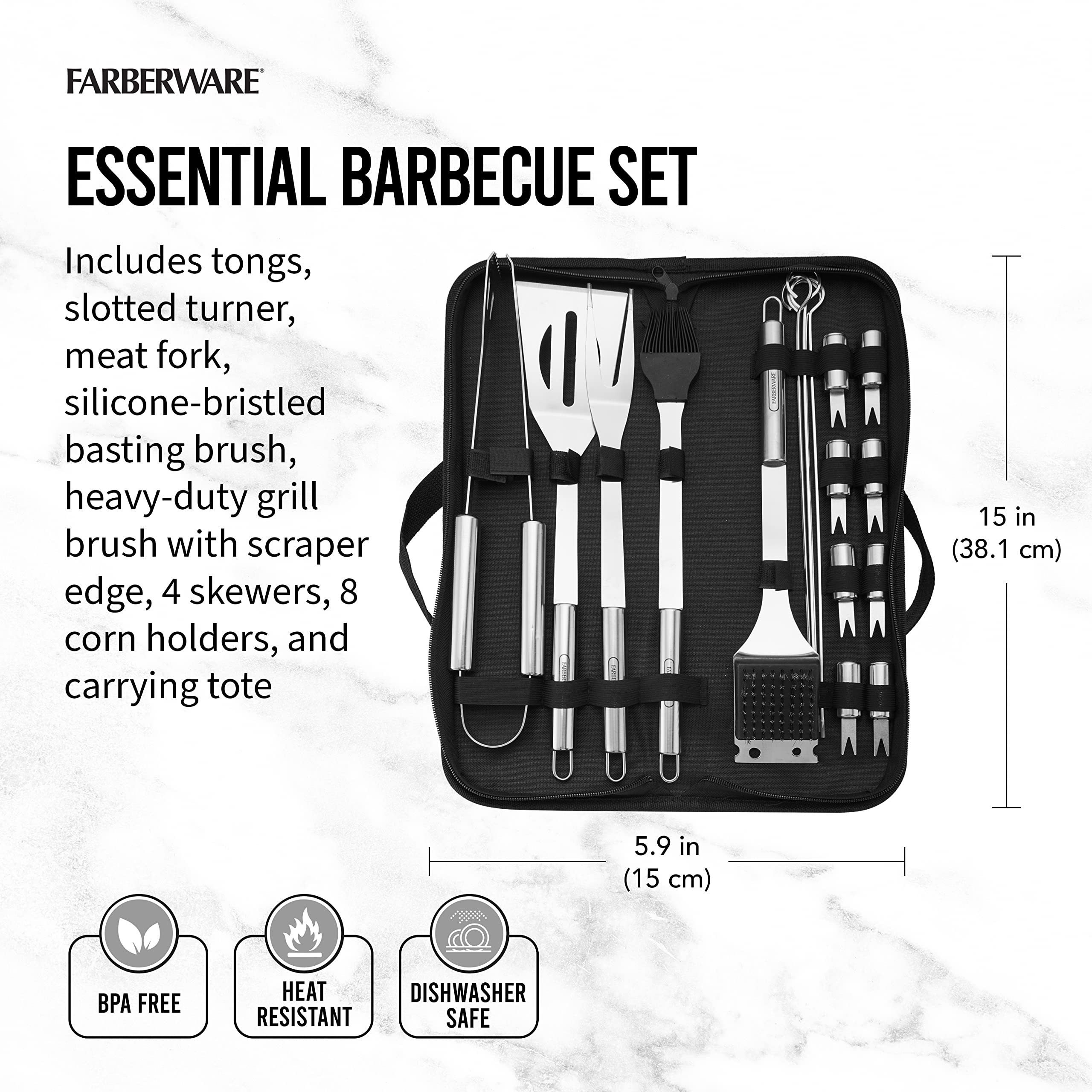 Farberware Juego de Utensilios para Barbacoa con Estuche de Transporte, 18 Piezas, Acero Inoxidable