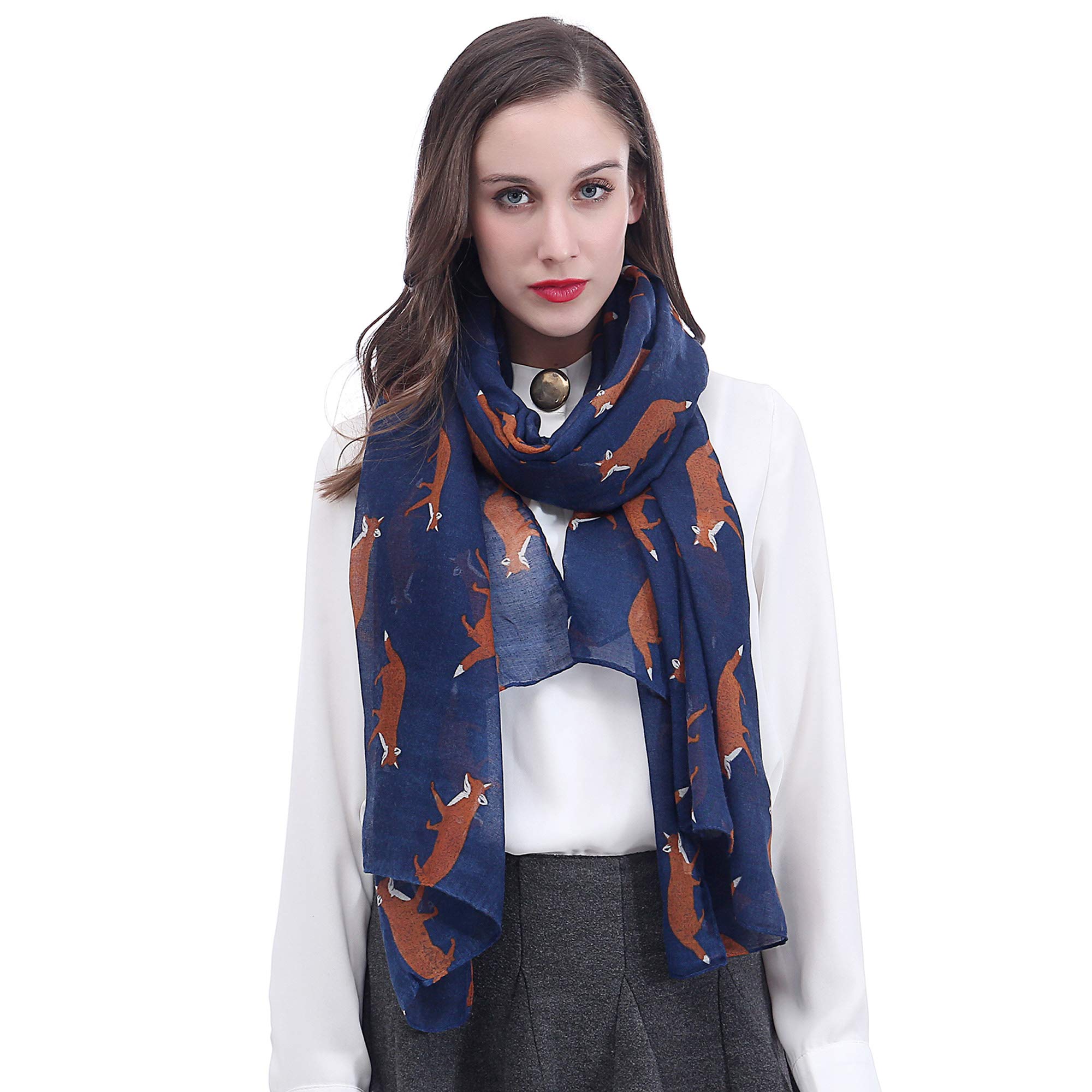 Lina & Lily Fox Animal Print Women's Scarf Shawl Wrap Lightweight (Navy Blue)