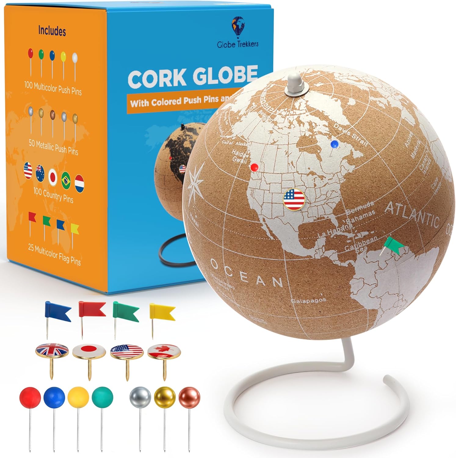 White Cork Globe with Push Pins - 9.4” Tall Globe with Map of the World and Rotating Stand for Adults, 50 Metallic and 100 Colored Push Pins - World Map for Home, Office, Travel