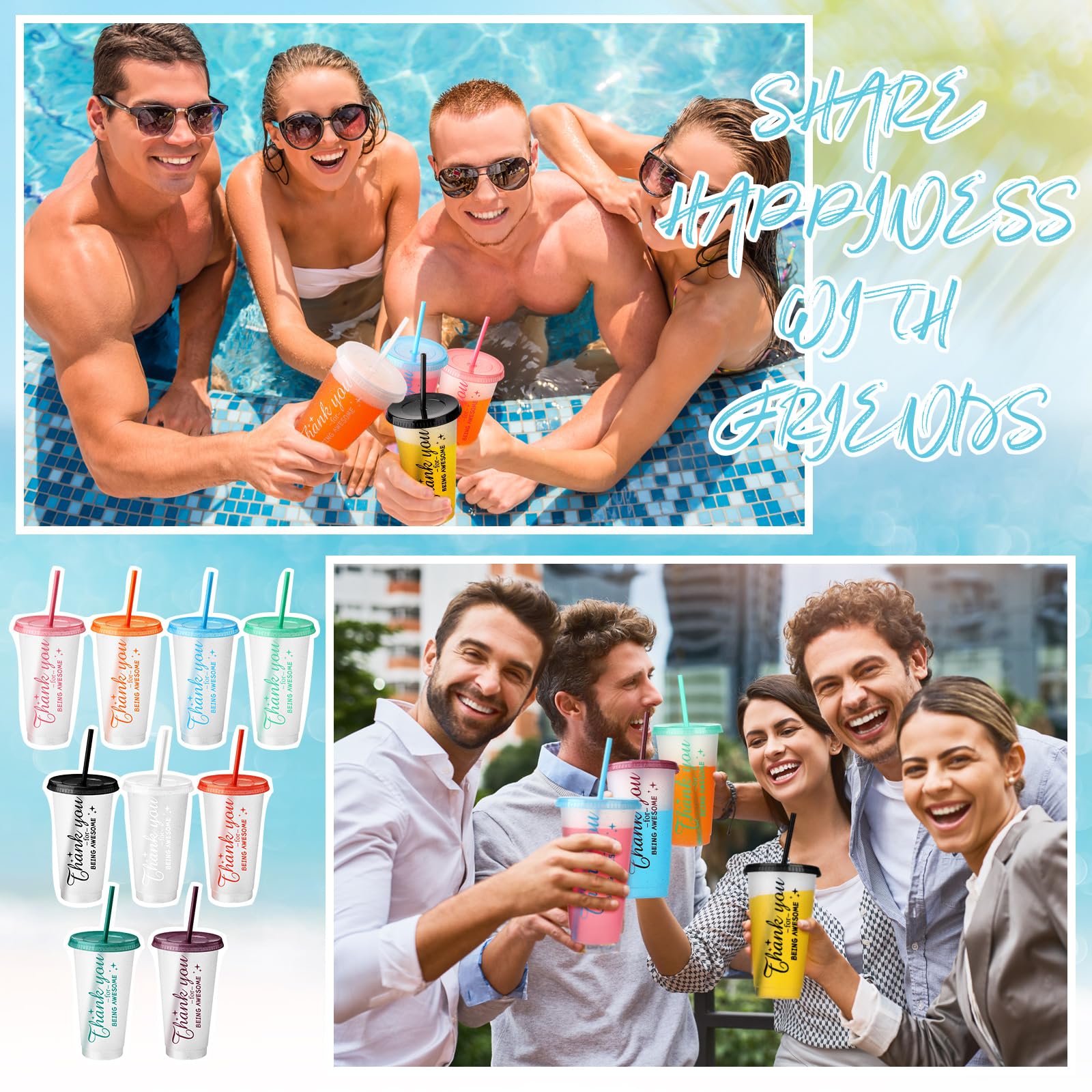 Dandat Lot de 36 gobelets colorés réutilisables en plastique avec couvercle et paille - Cadeau de remerciement pour collègue, enseignant, employé - 710 ml (transparent)