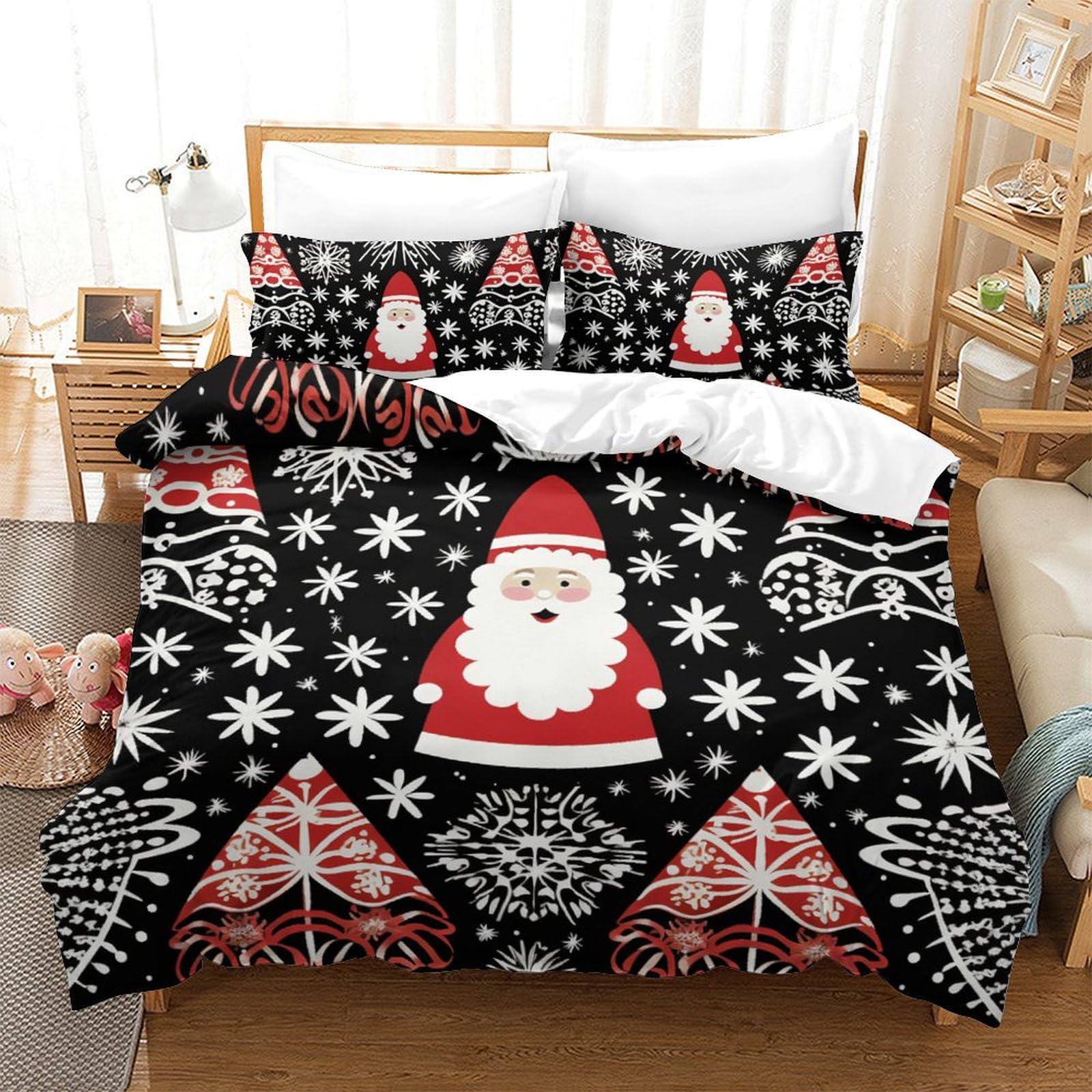 Housse de couette Père Noël 200x200 cm avec taies d'oreiller pour lit double