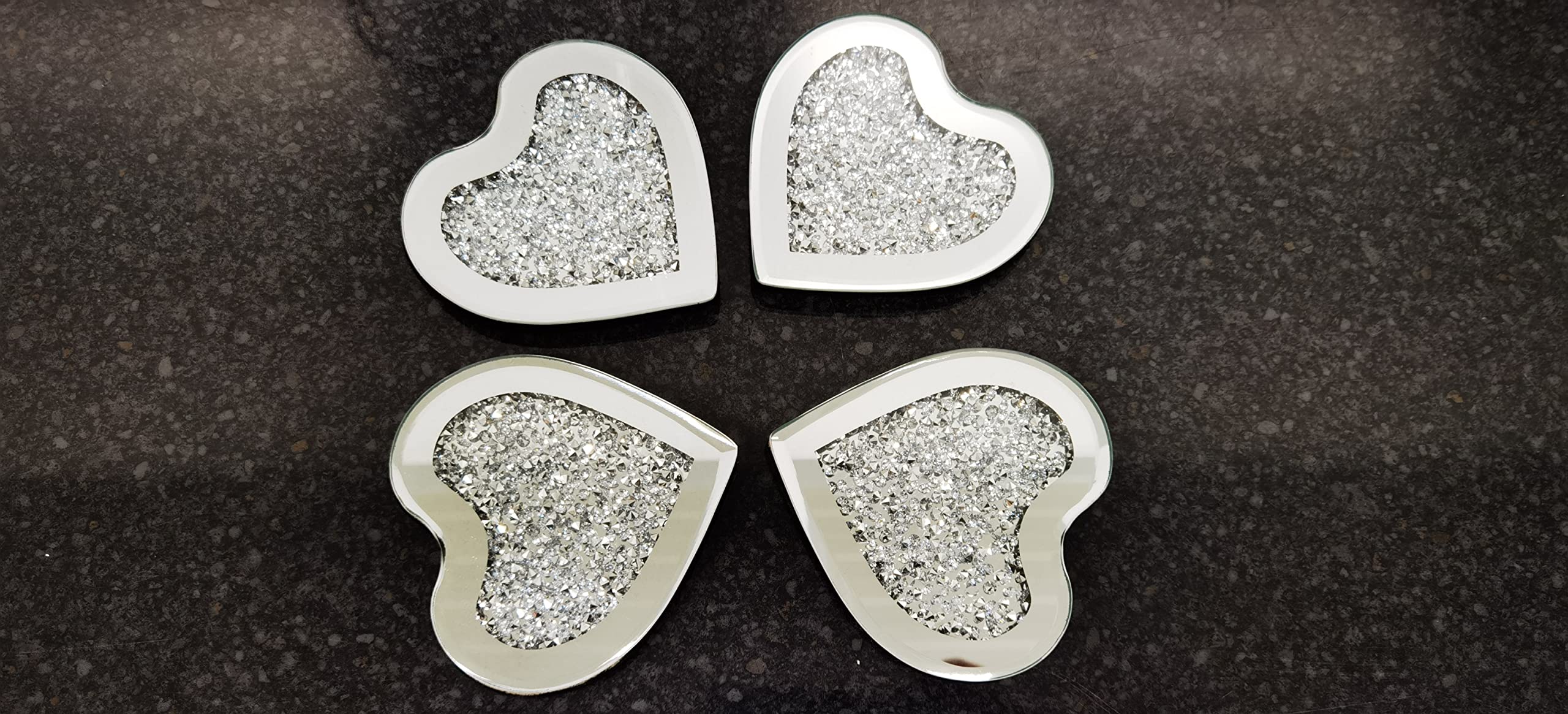 Biznest Silver New Heart Shaped Coaster Set Of 4 Mirror Full Crushed Jewel Diamante Diamond Glass Cup Mat Gift Set