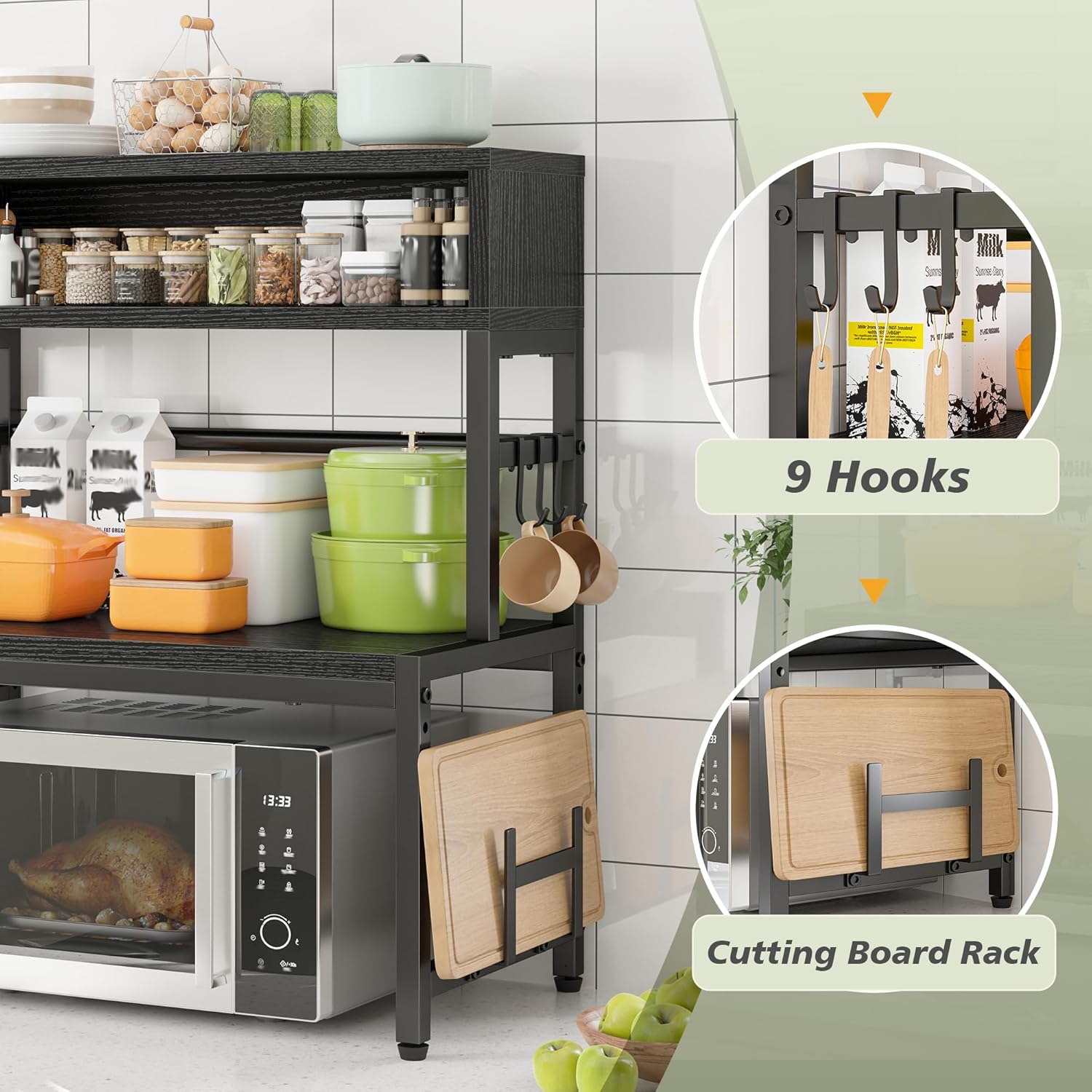 EnHomee Microwave Stand, 4-Tier with 9 Hooks for Kitchen Countertop Organizer, 205LBS Microwave Shelf, Adjustable Kitchen Shelves Microwave Stand with Storage and Microwave Oven Rack (Black)
