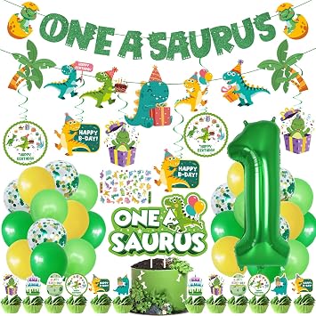 JUYRLE One a Saurus Birthday Decorations- Dinosaur 1st Birthday Decorations Boy, First Boys Party Decor with Balloon, Dinosaur Cake Topper, One a Saurus Banner, 1st Birthday Party Supplies
