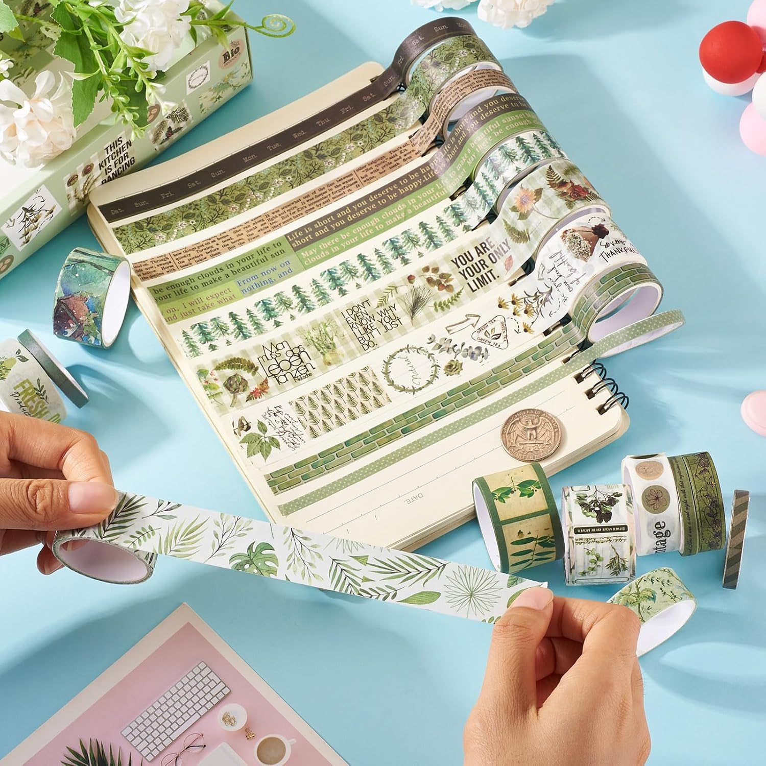 20 Rolls Washi Tape Set Colored Masking Tape Forest Flower Leaf Letter Retro Decorative Adhesive Sticker for Scrapbooking Bullet Journals Present Wrapping DIY Crafts Book Planner(Green)