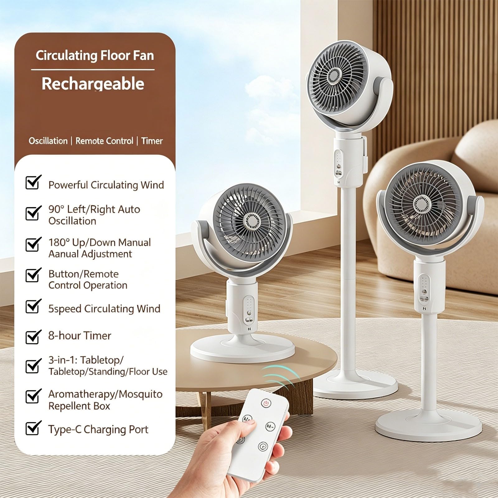 Ventilatore a Pavimento e da Tavolo 3-in-1 a Circolazione d'Aria, Regolabile in Altezza (38-82cm), 5 Velocità, Telecomando, Timer 8h e Ricarica Type-C, Base per Aromaterapia, per Casa e Ufficio