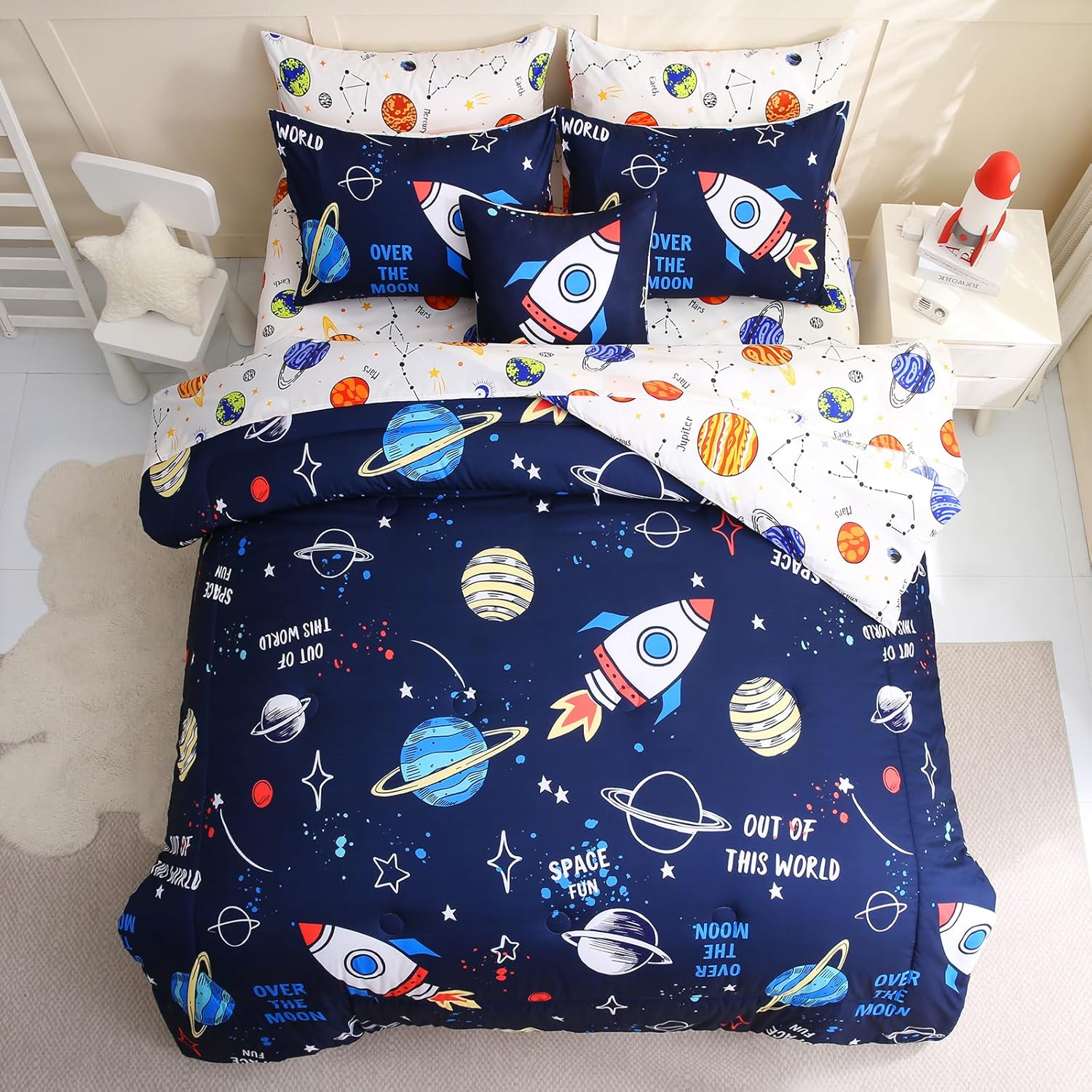 Full Size Comforter Sets Bed in a Bag for Kids,8 Pieces Space Rocket Bedding Sets with Sheets for Boys Girls