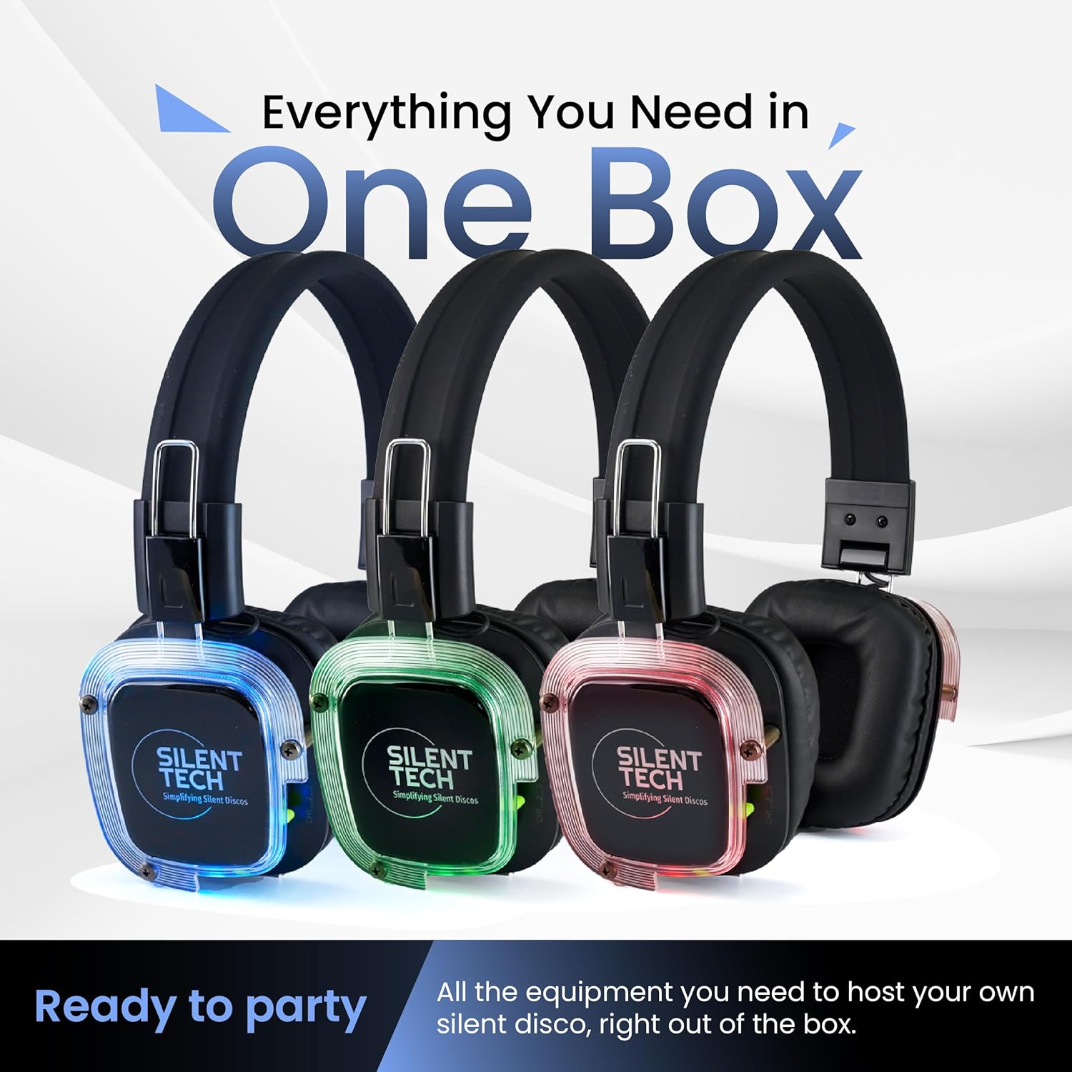 Silent Disco in a Box – 50 LED Wireless Headphones, 3 Channel Transmitters, Plug & Play for Smartphones, Laptops, Tablets, 10 Hour Battery, 500-Yard Range – Silent Disco Headphone System
